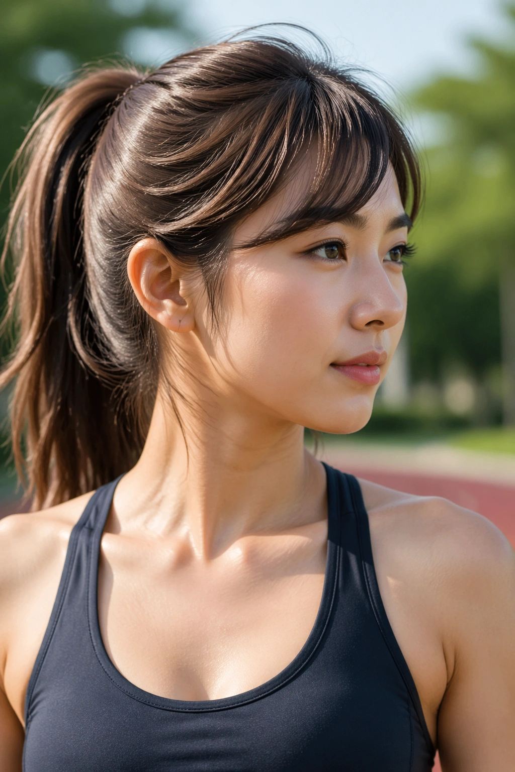 Close-up of a woman with a sporty ponytail and swept bangs outdoors