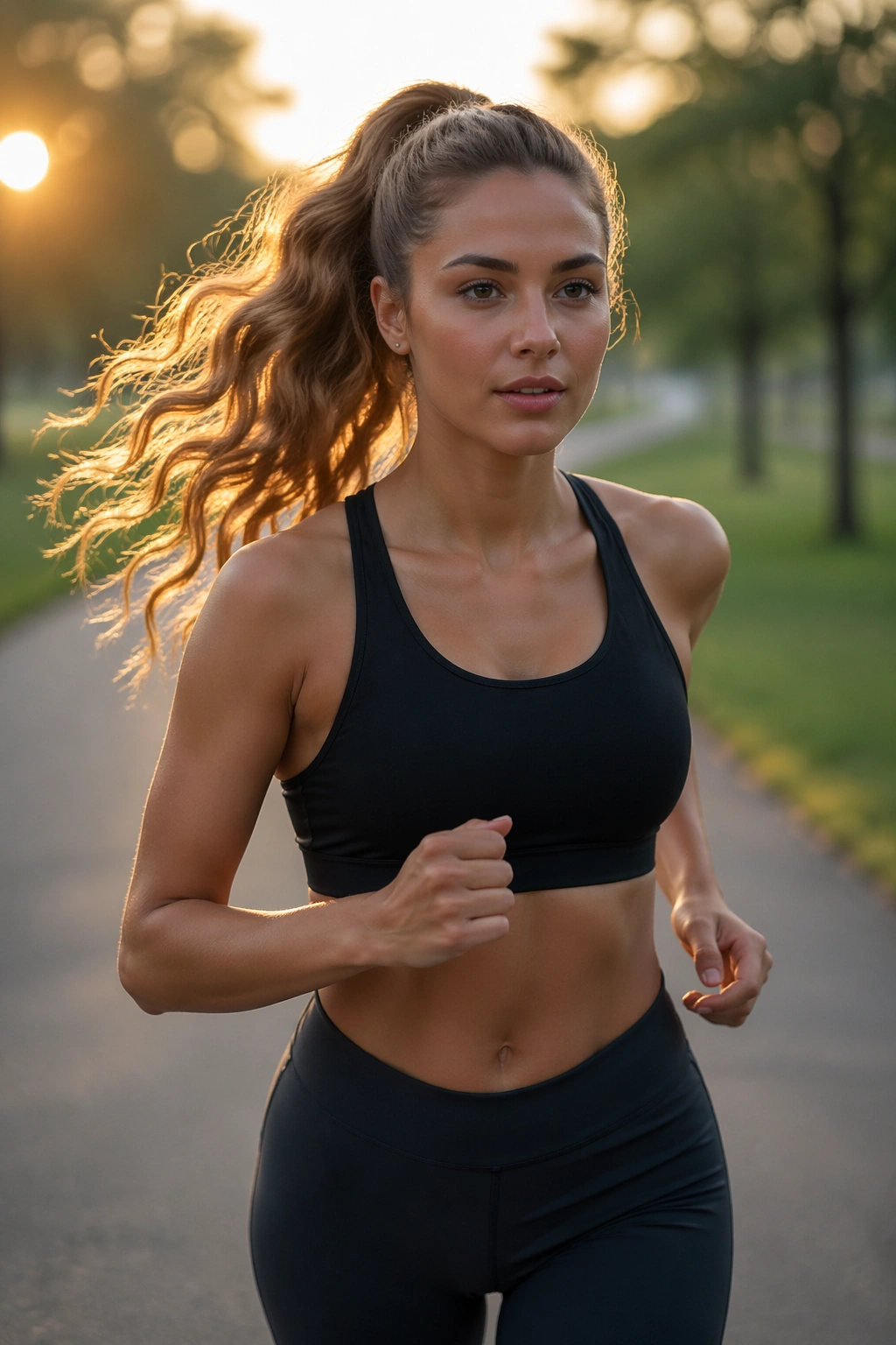 Sporty ponytail with defined waves during outdoor run
