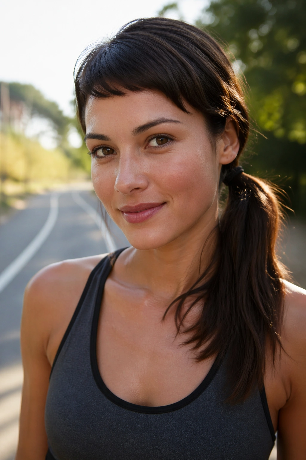 Close-up of a real woman with a sporty side ponytail and mini side bangs outdoors