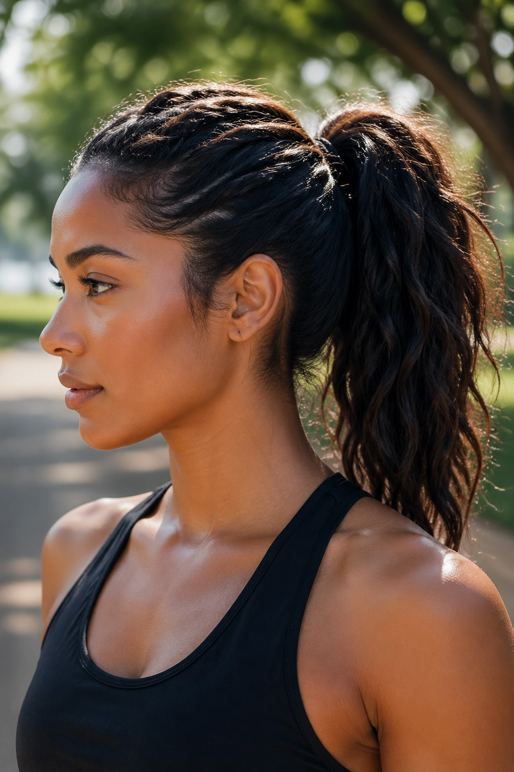 Close-up of real woman with a sporty textured ponytail in sunlight