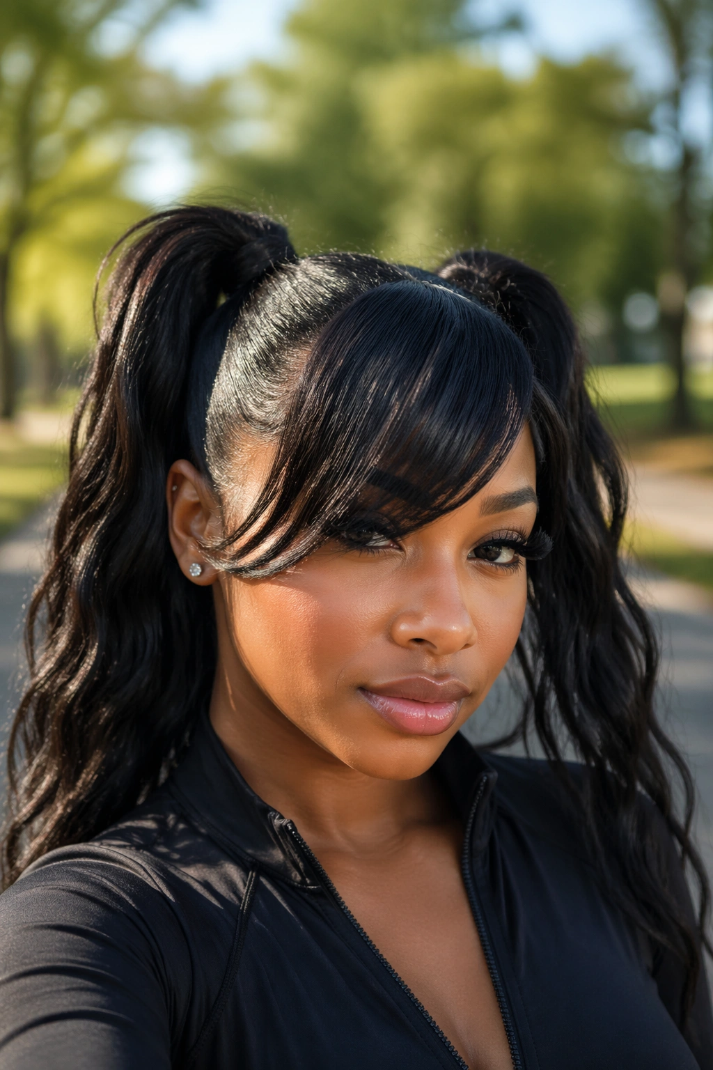 Close-up of a Black woman with sporty high twin ponytails and swoop bangs outdoors