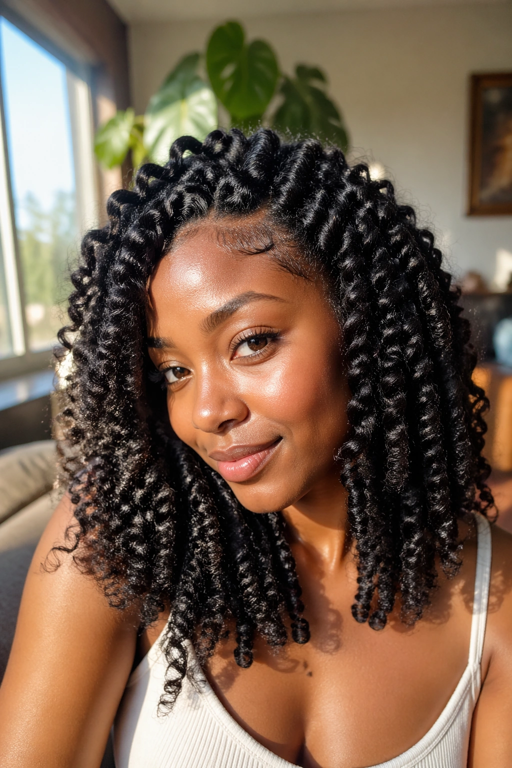 Close-up portrait of a real woman wearing spring twist crochet hair with loose spiral coils in a sunlit living room