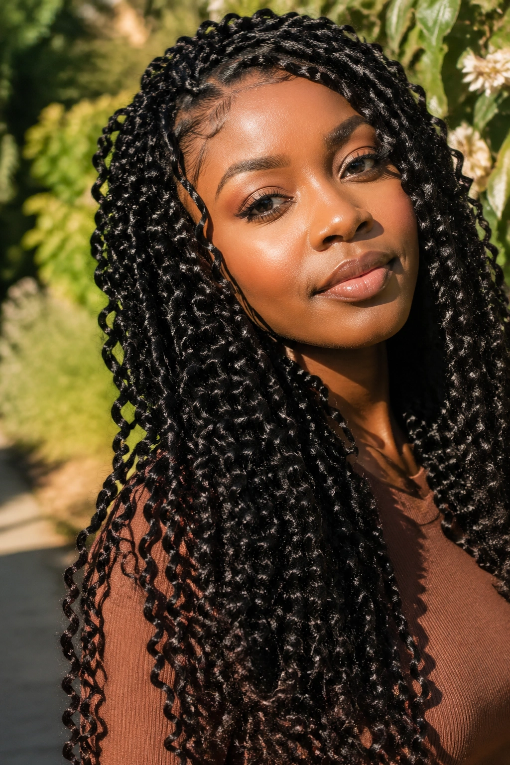 Close-up of real woman with spring twist braids in a sunlit outdoor setting.