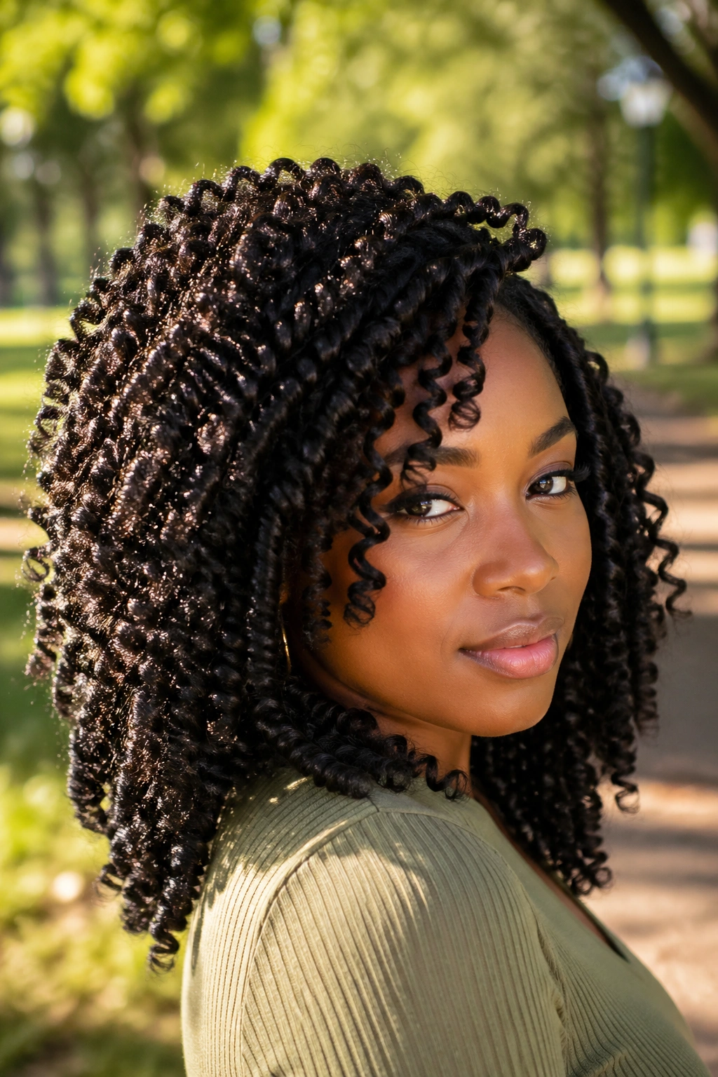 Real woman with spring twists all-over curl volume outdoors during golden hour