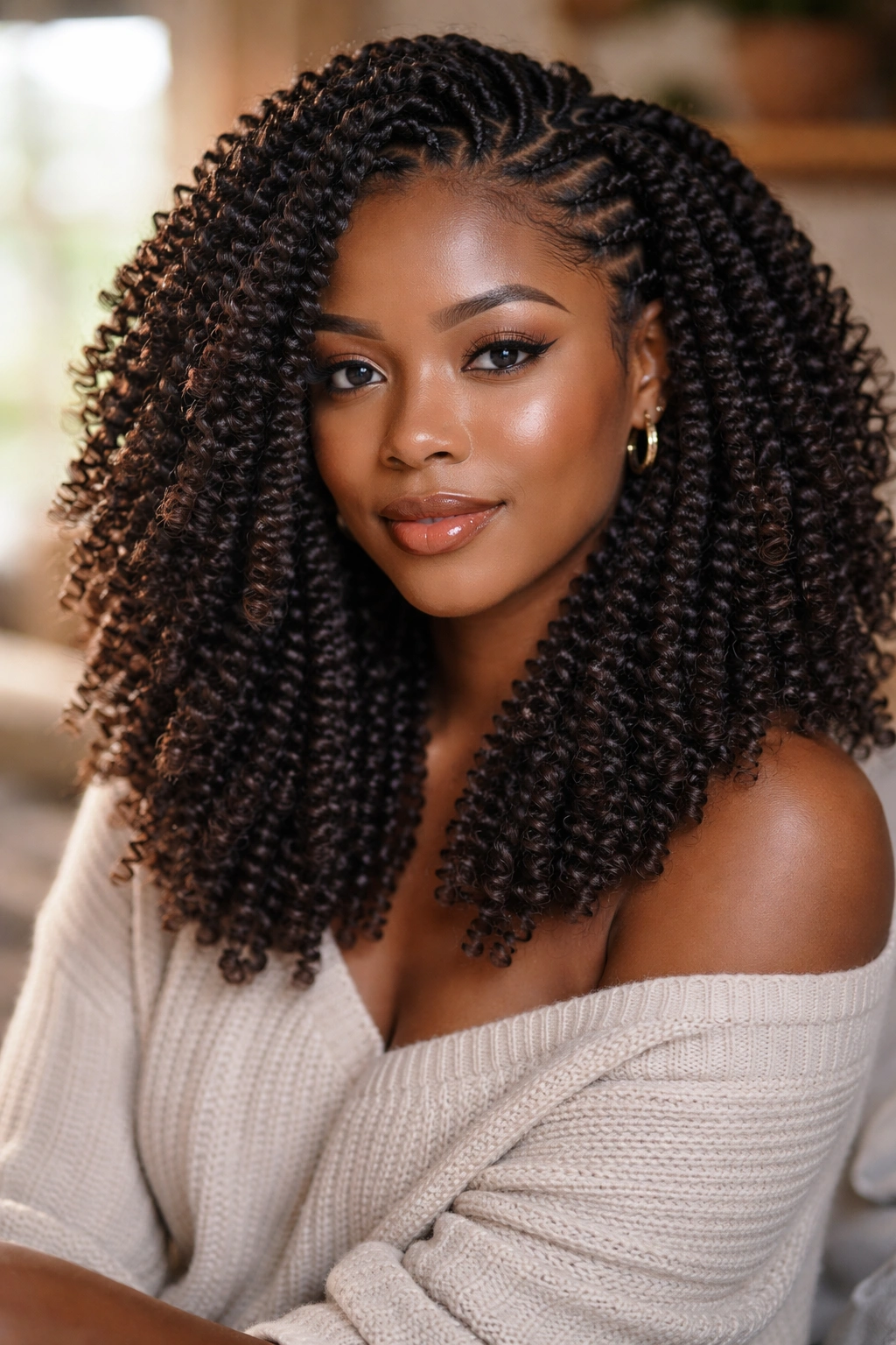 Close-up of a real woman with spring twists crochet through cornrows
