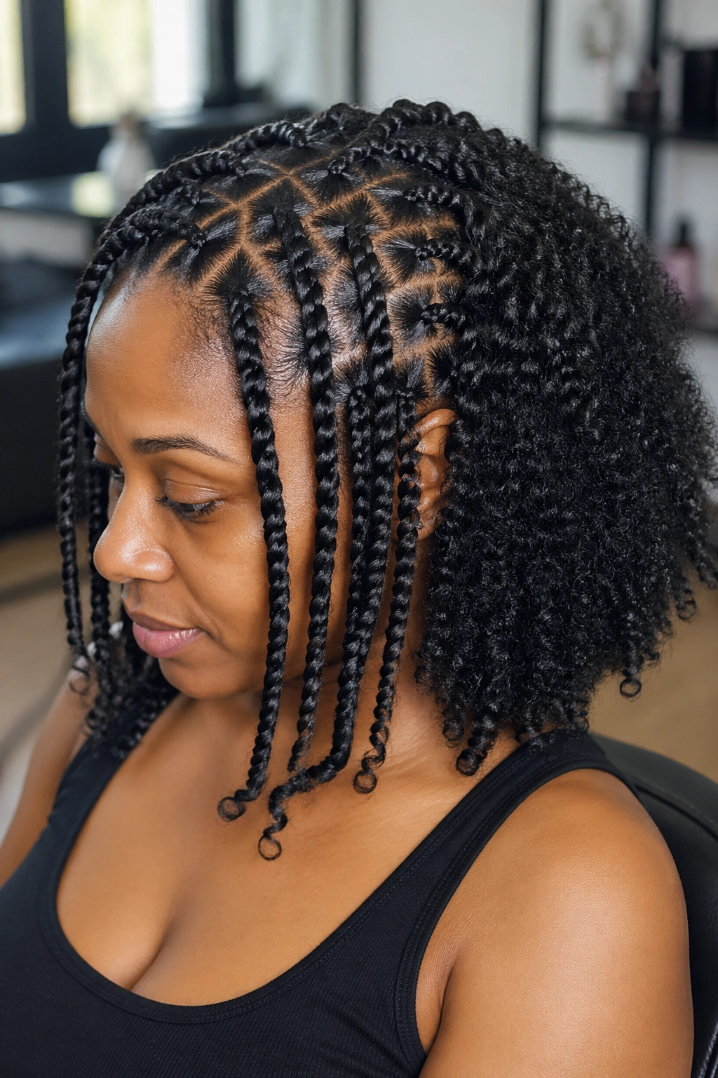 Close-up of spring twists blending with natural curls on a real person.
