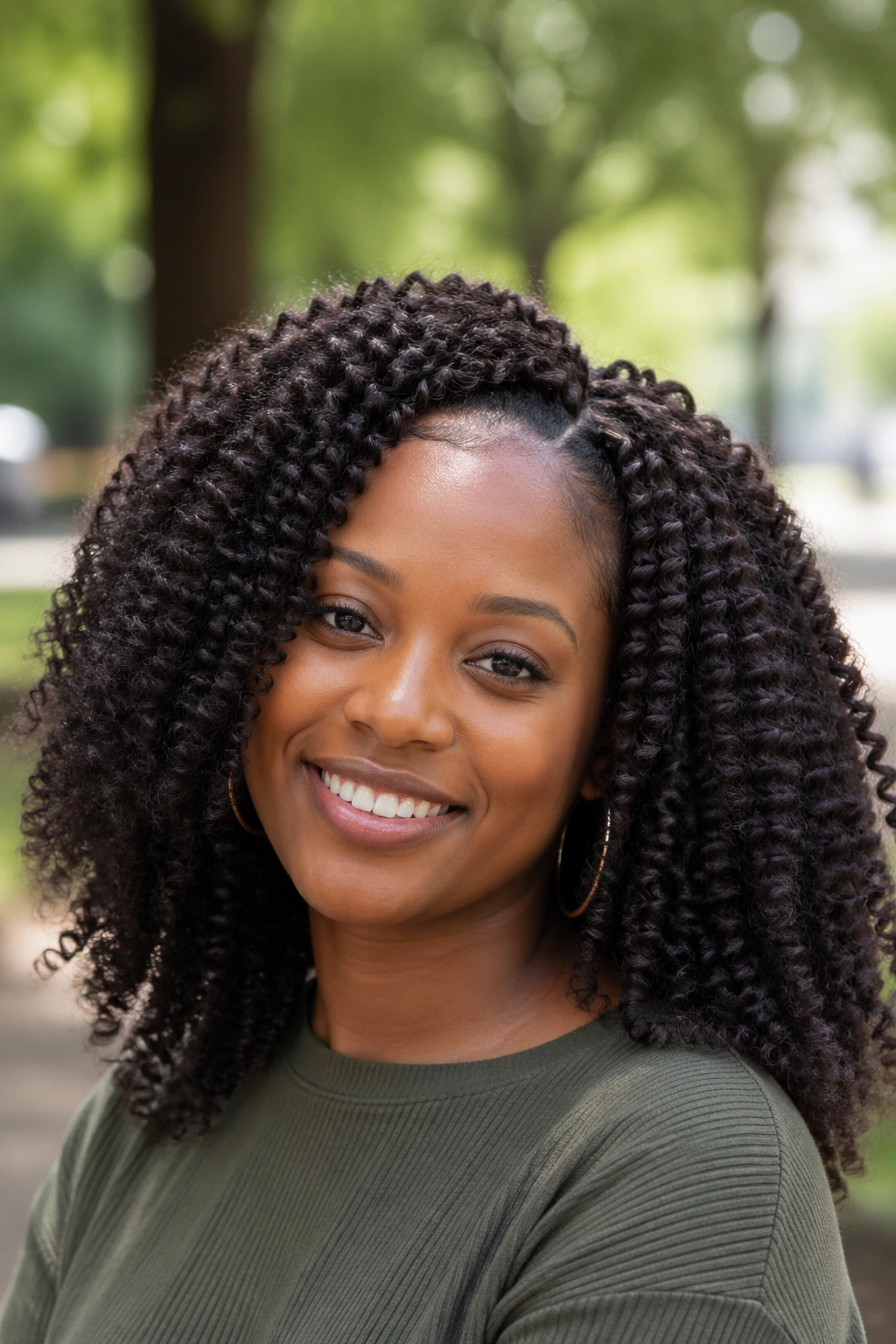 Close-up portrait of a real person with springy Afro curl crochet braids