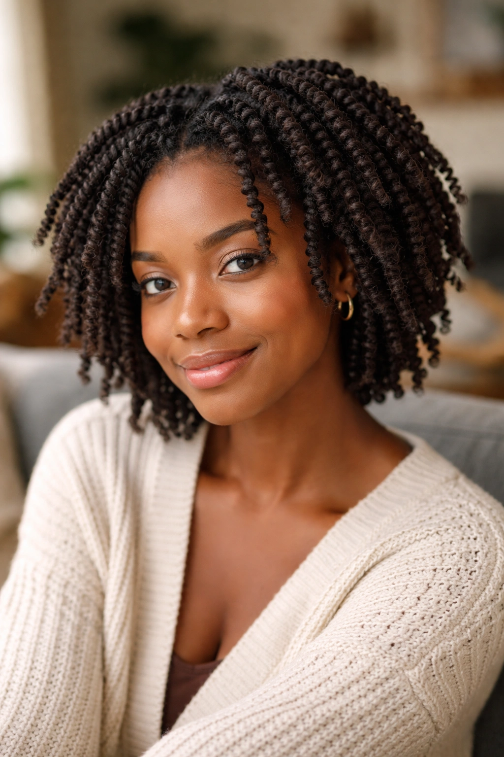 Close-up of natural hair twisted into springy kinky twists