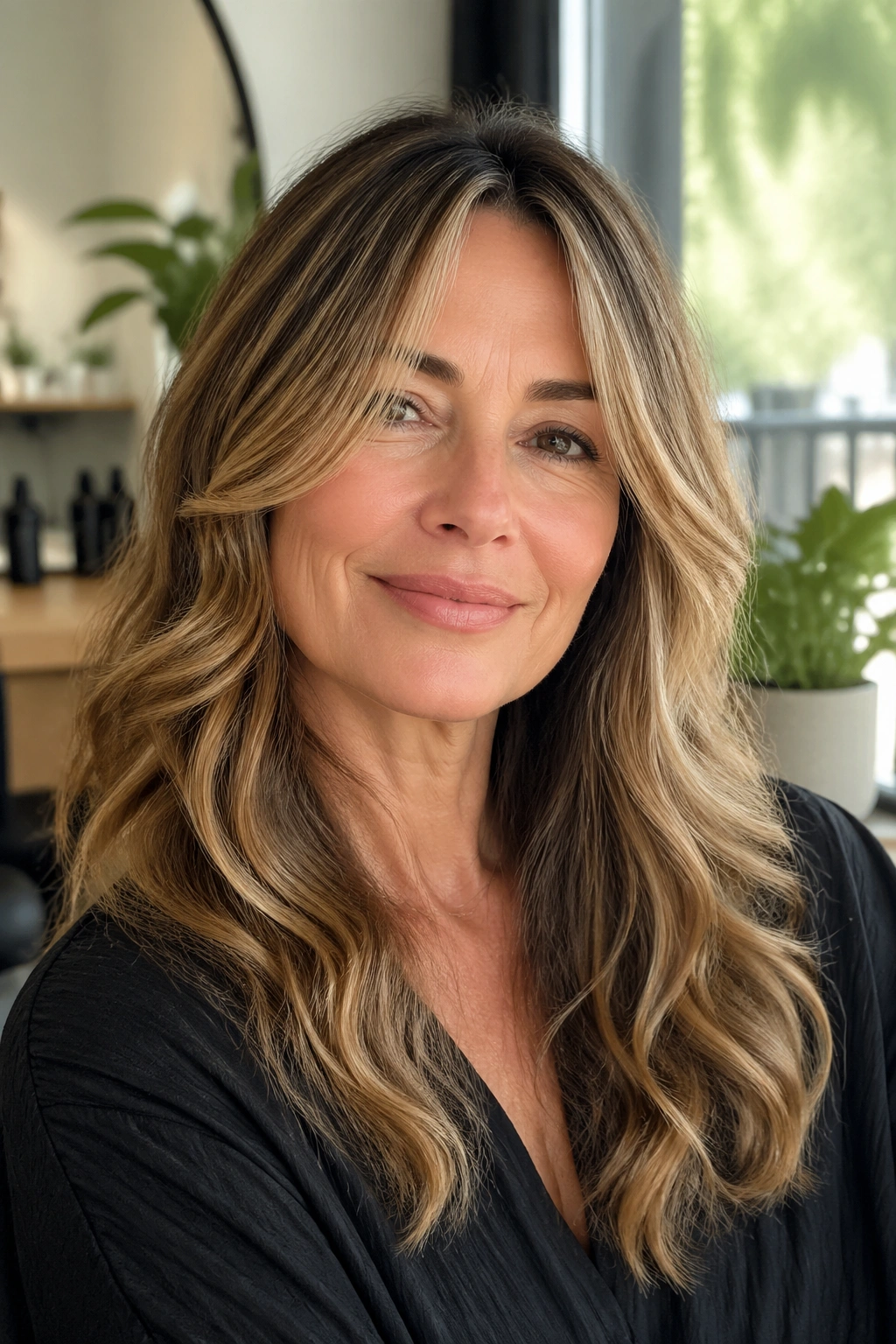 Close-up portrait of a real woman with curved front layers softening a square jawline