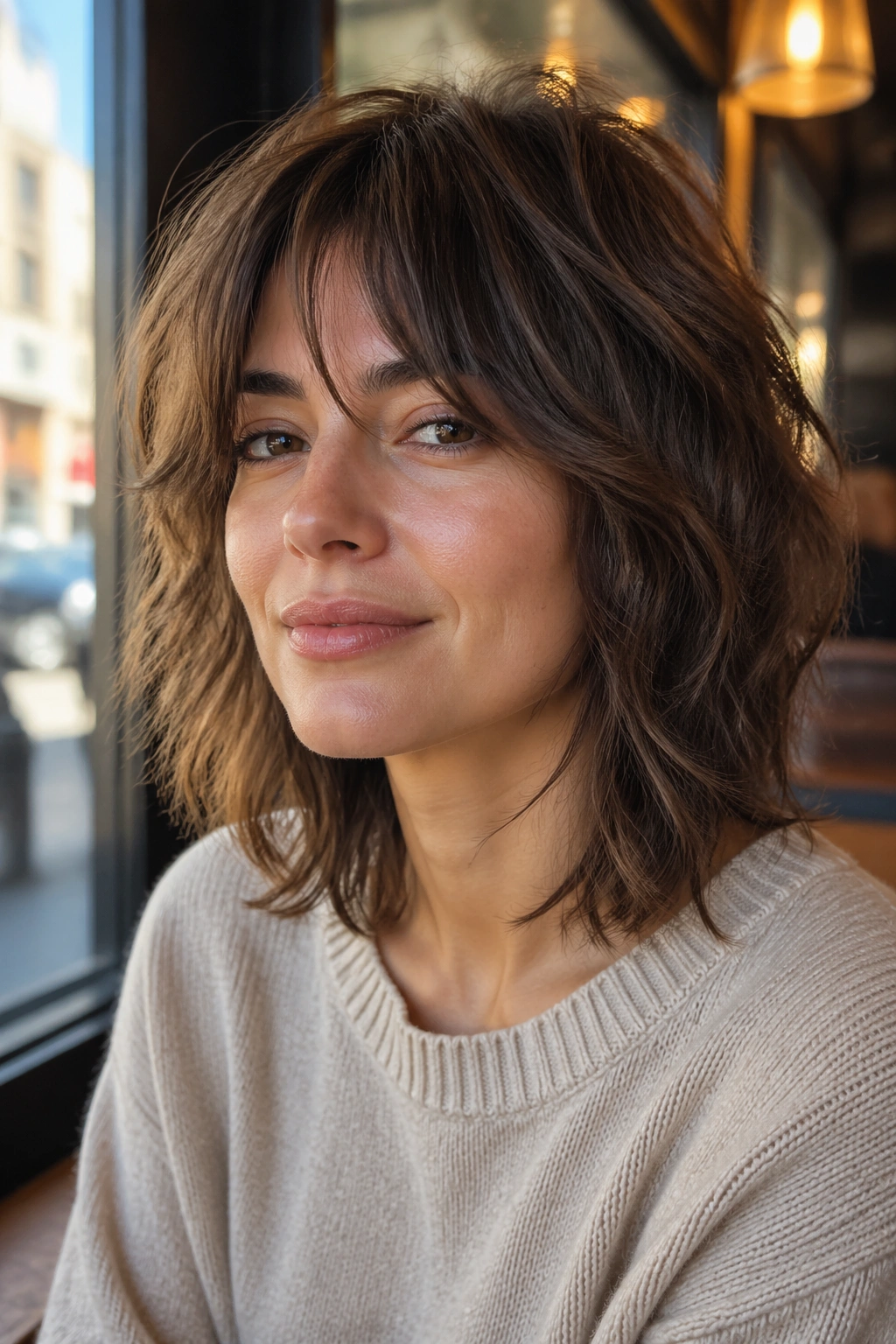 Close-up of a real woman with Square-Face Softening Shag showing jaw-softening layers and airy fringe in cafe daylight.