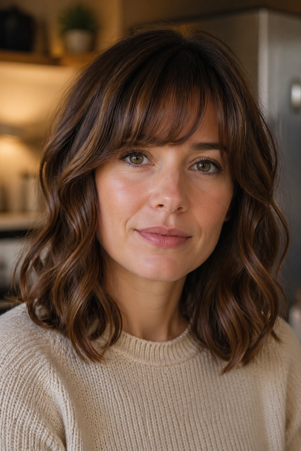 Close-up portrait of a real person with soft waves and curved bangs in warm kitchen light