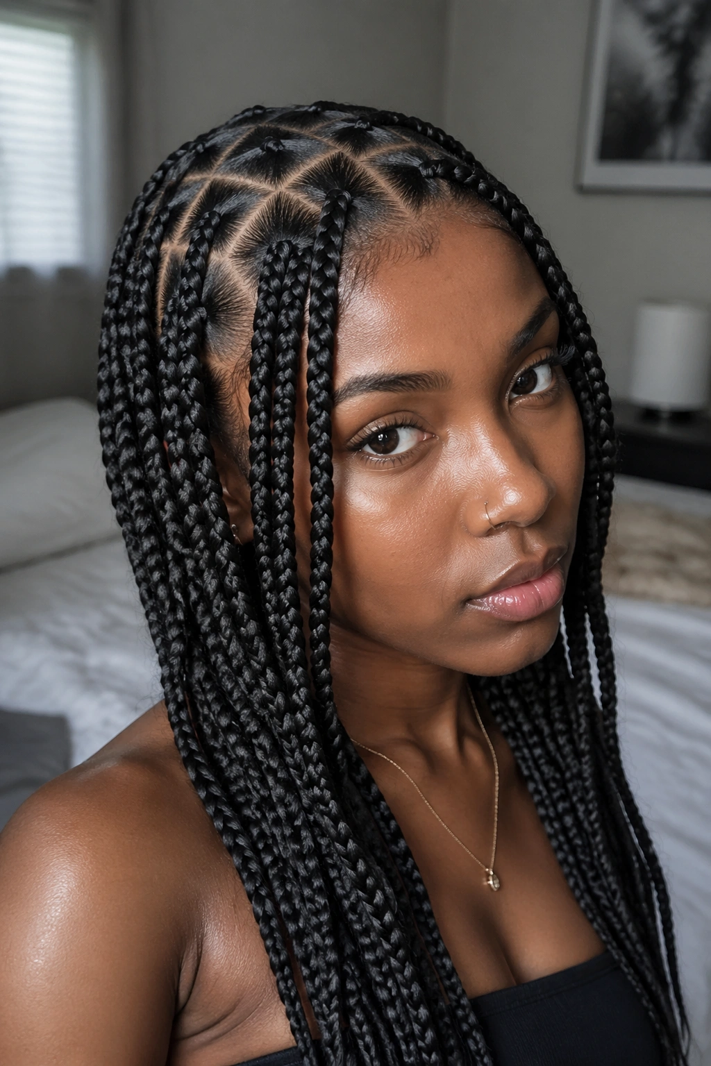 Close-up of a real person with square-part box braids forming a neat grid on the scalp