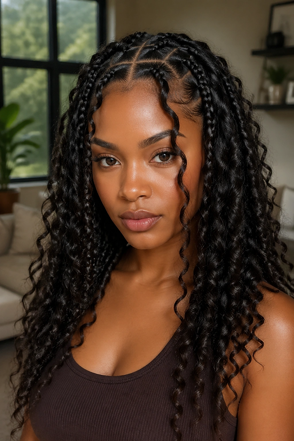 Close-up of a real woman with square-part goddess braids and calm expression