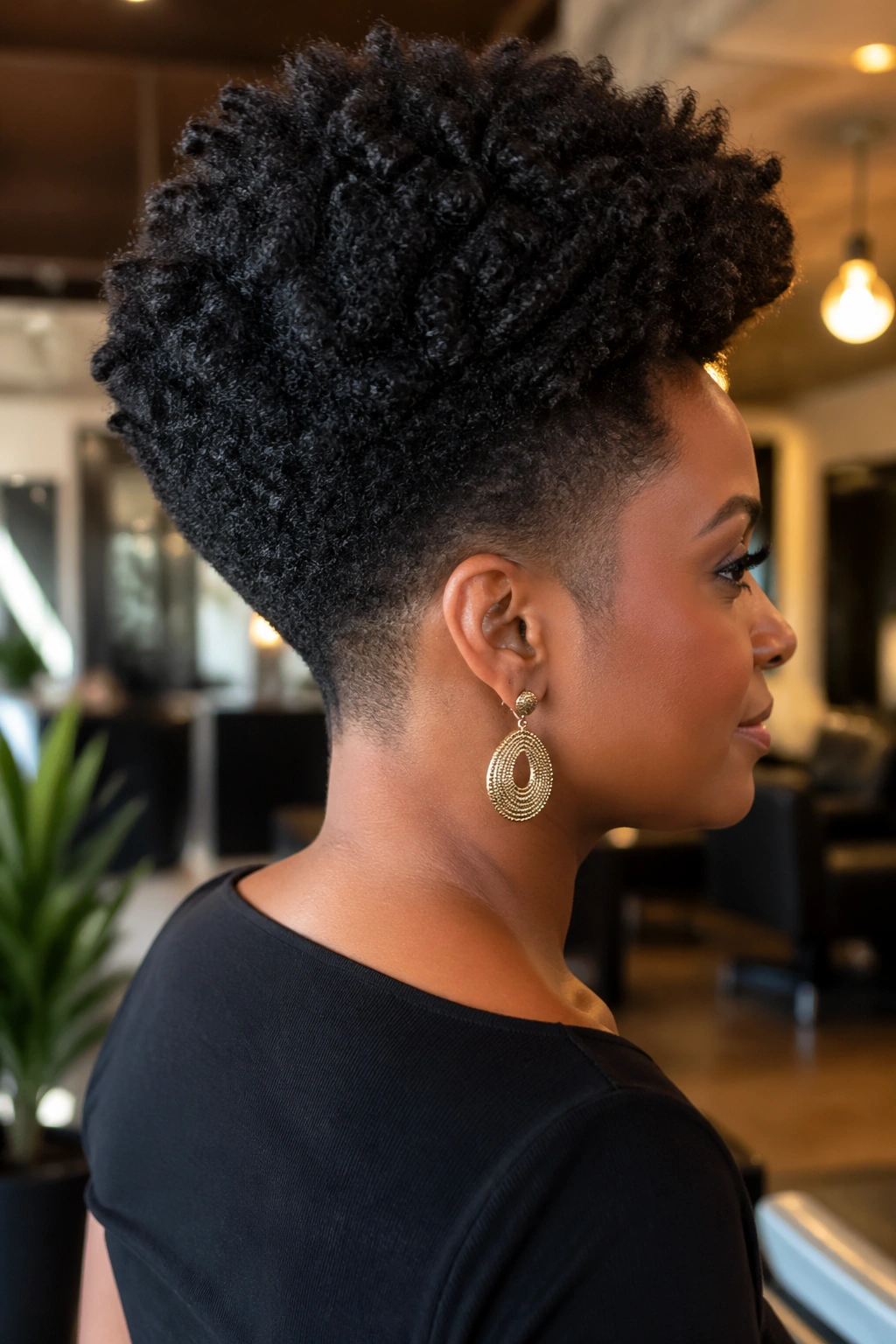Three-quarter portrait of a real woman with stacked afro and tapered nape