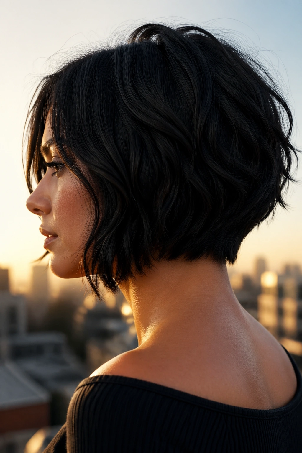 Side-profile of a real woman with a stacked back graduated bob