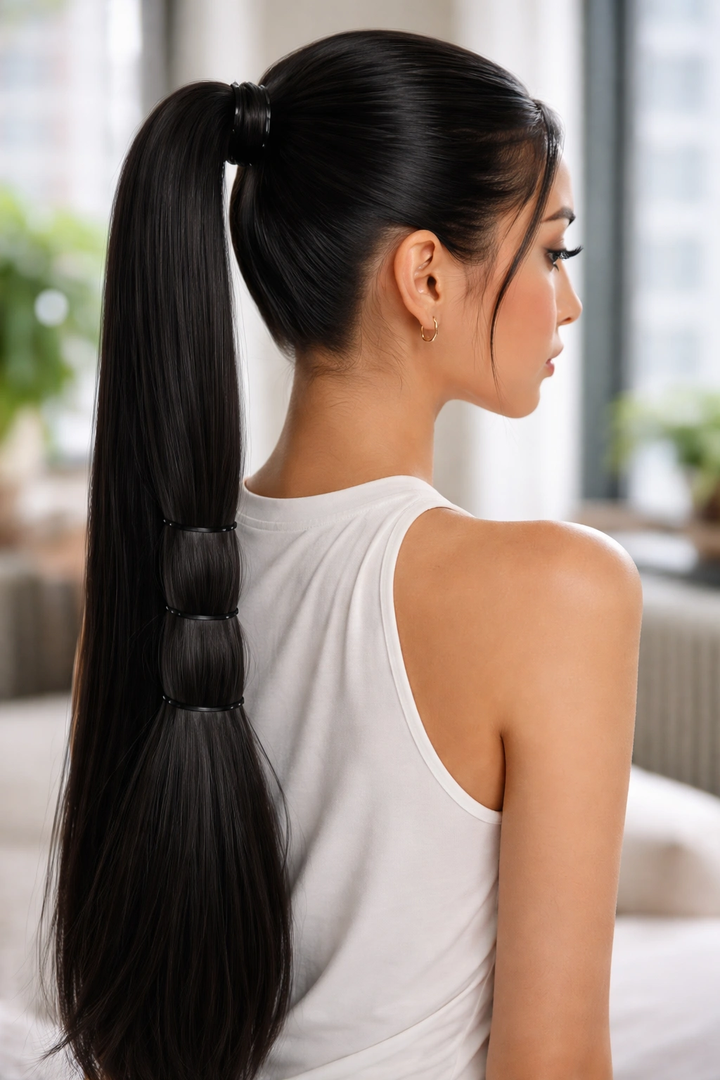 Close-up of a real woman with a stacked-band ponytail showing multiple elastics along the tail