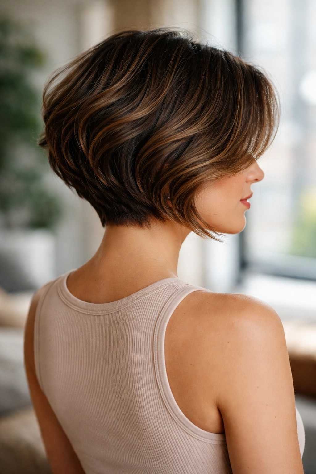 Close-up of a real person with stacked bob hairstyle in daylight in an apartment