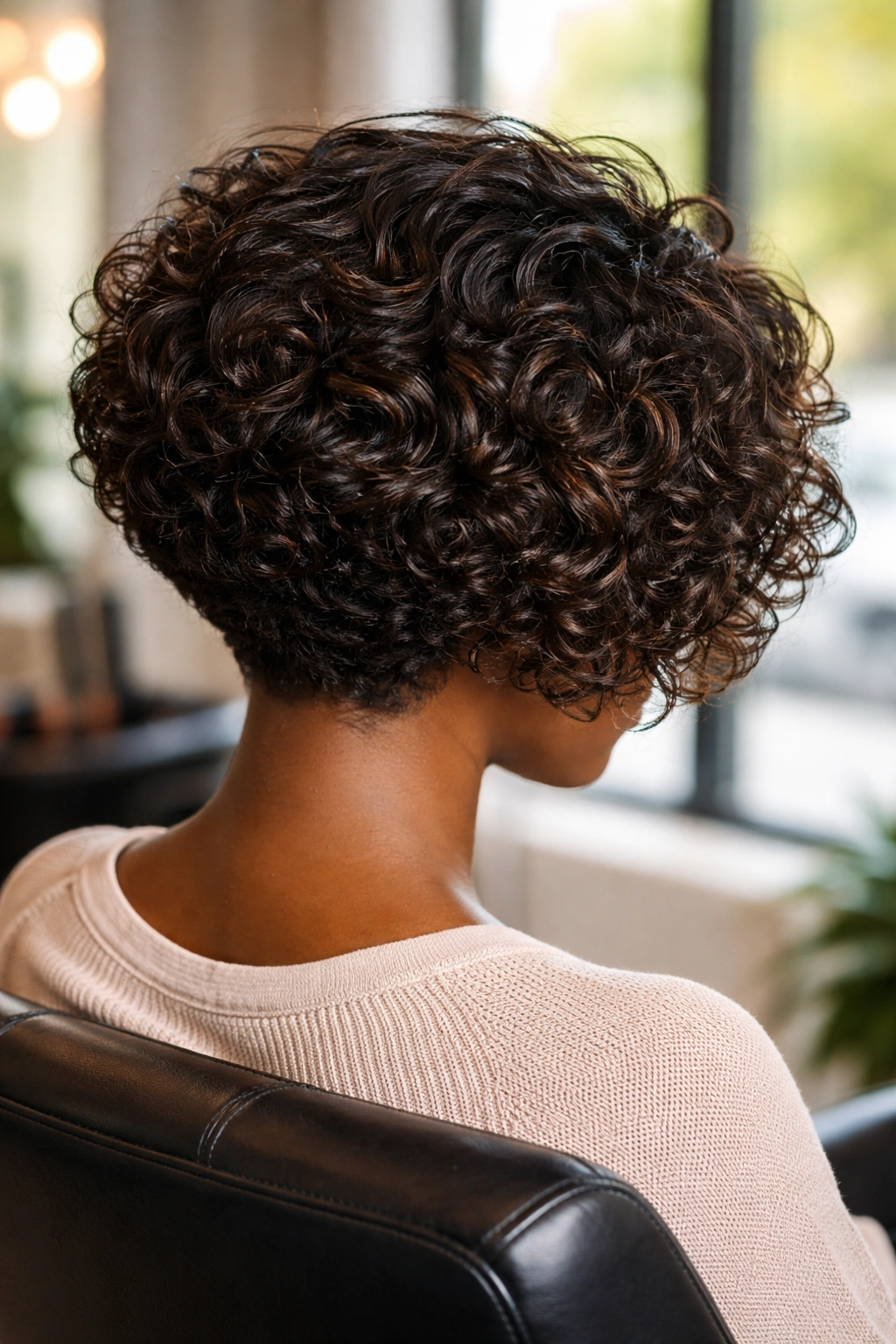 Close-up of crown-volume in stacked curly bob.