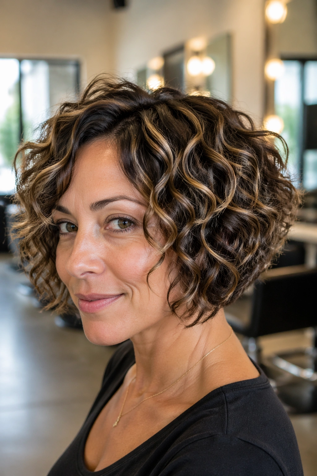 Portrait of real woman with highlighted stacked bob