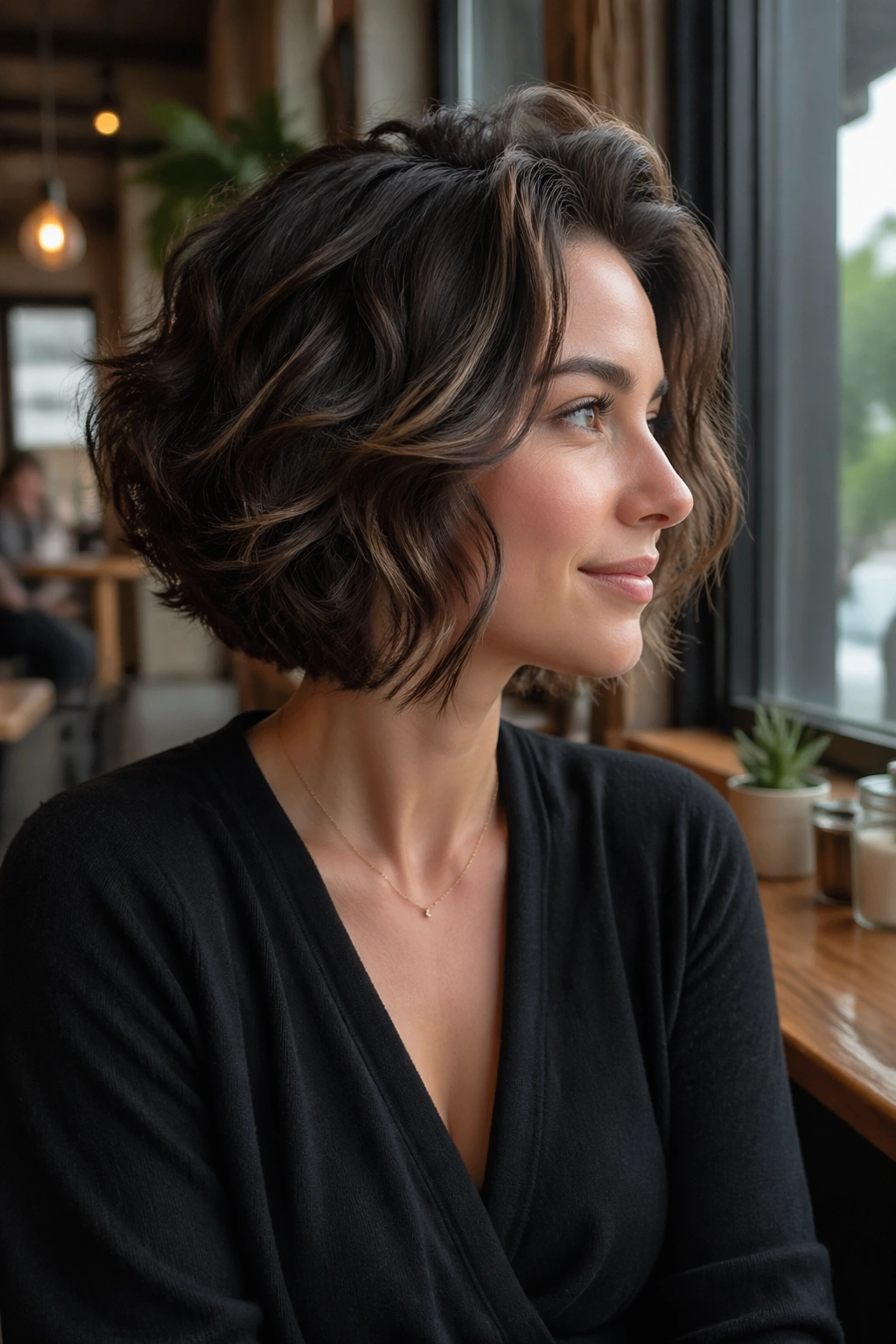 Close-up of real woman with stacked bob and loose waves in cafe setting