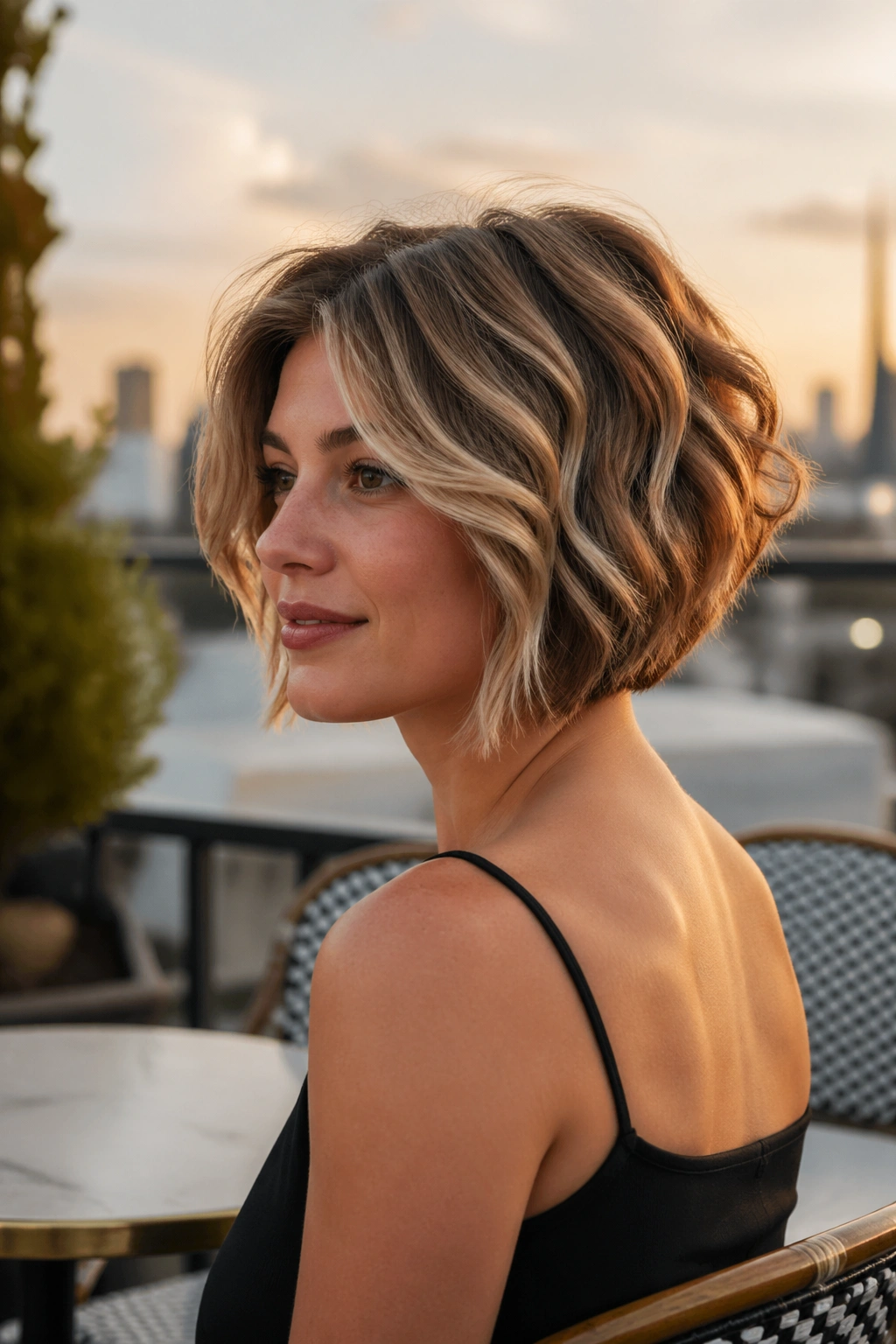 Three-quarter portrait of a real woman with stacked bob and loose waves