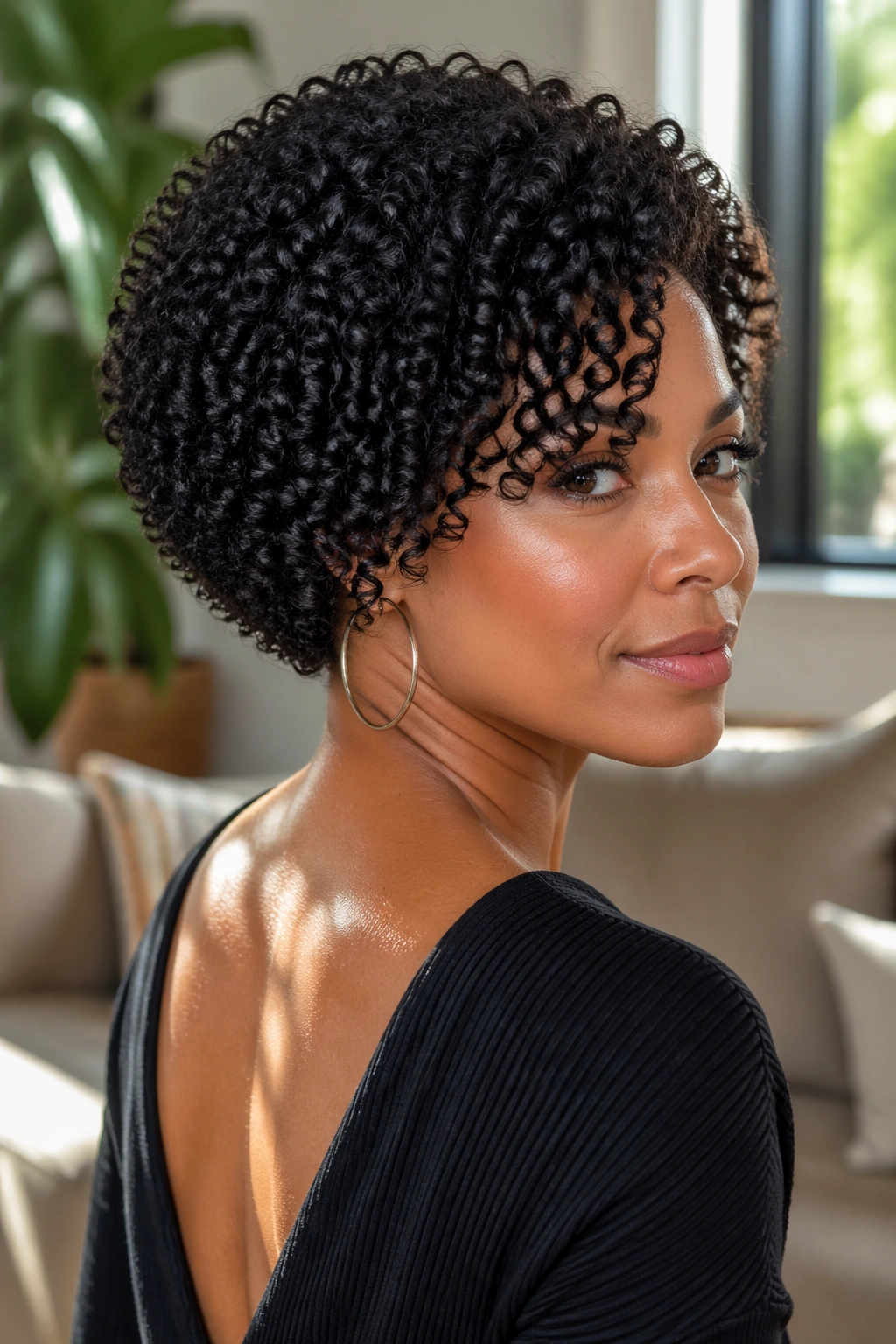 Close-up portrait of a real woman with stacked bob for tight coils in sunlit living room