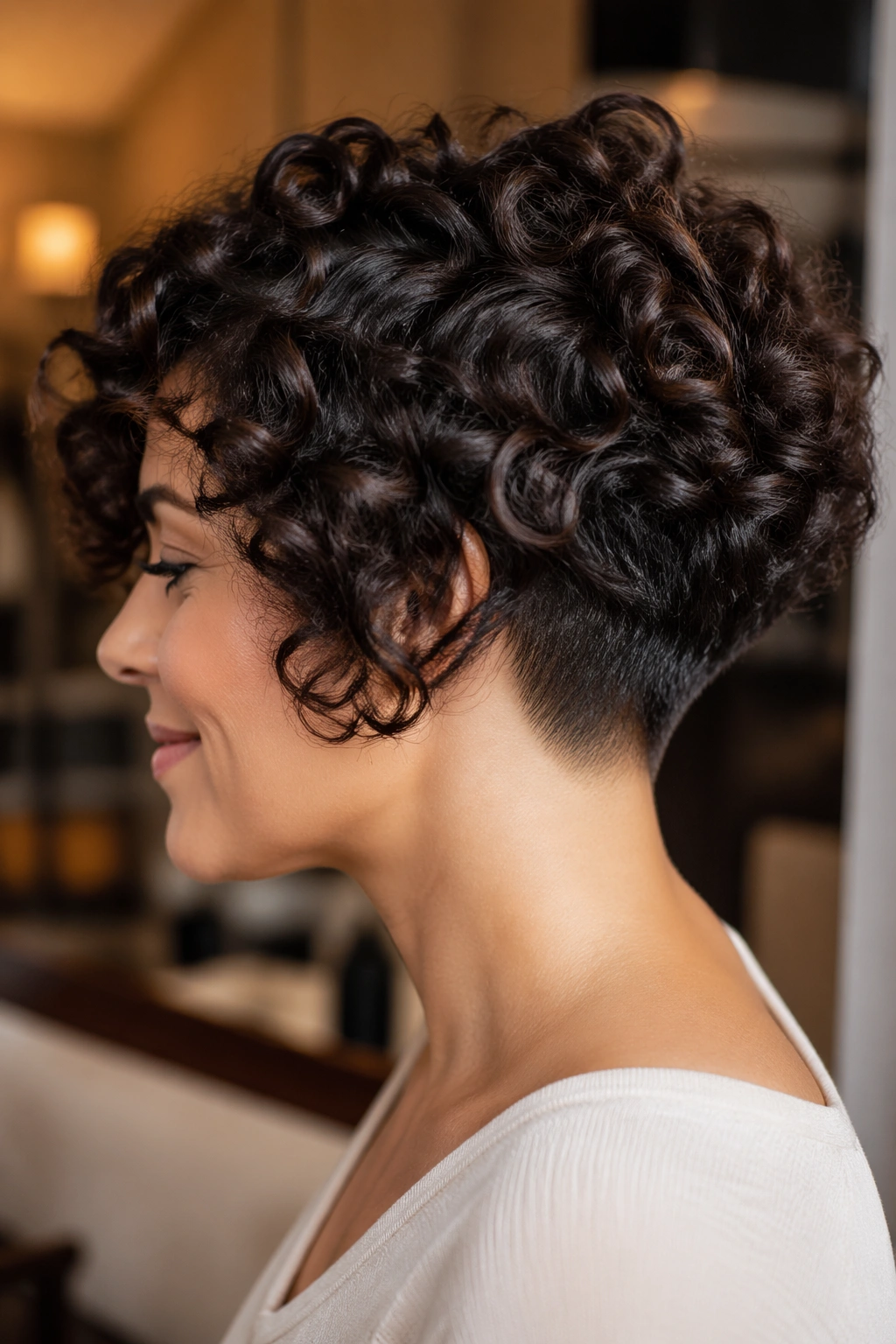 Profile of woman with stacked bob and undercut at nape
