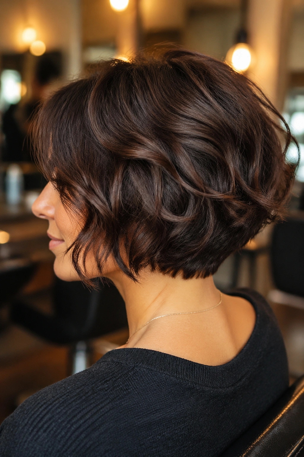 Close-up of a real woman with a stacked bob and crown lift in warm salon light.