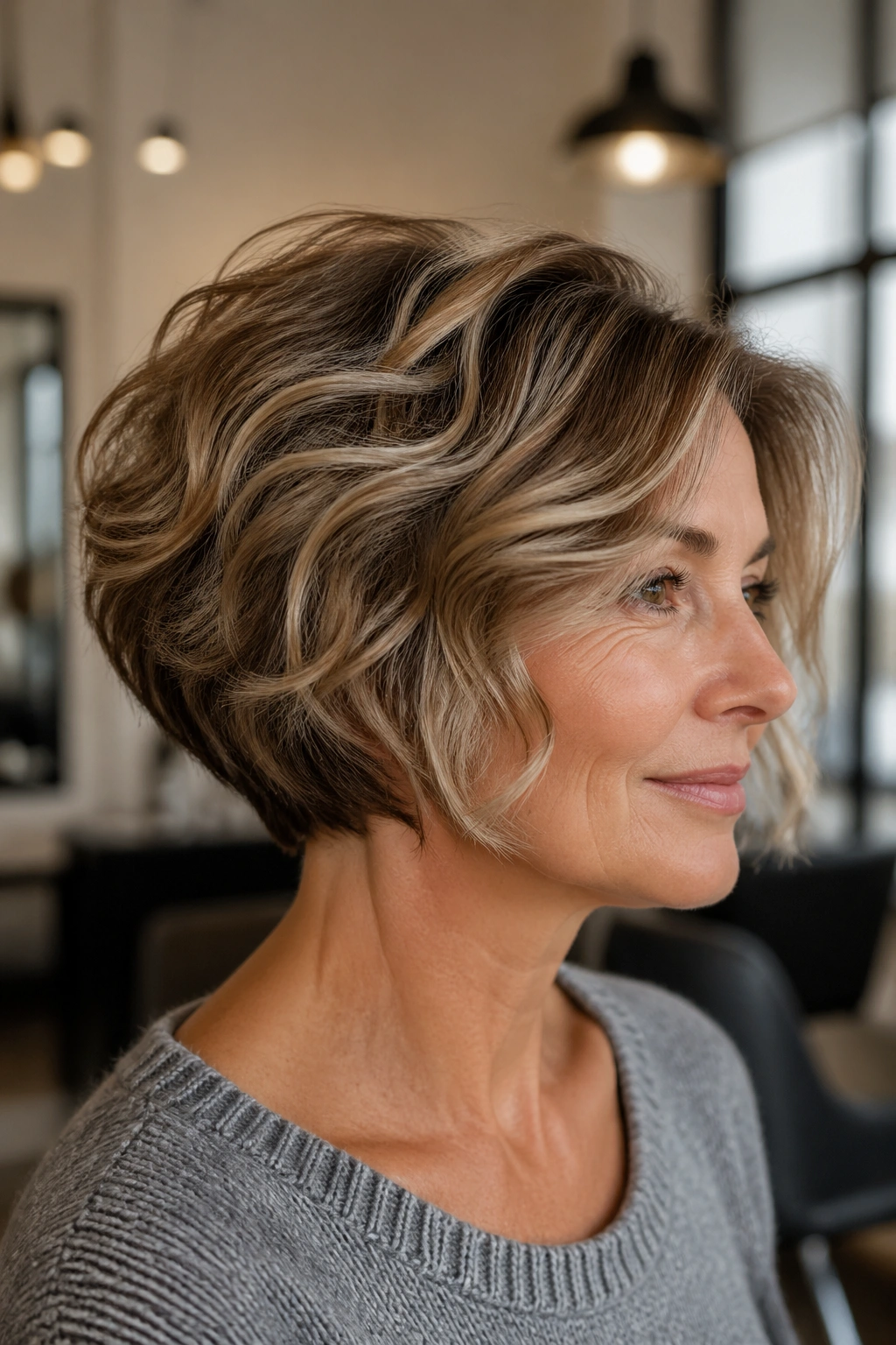 Close-up portrait of a woman with stacked bob and soft waves in a sunlit salon