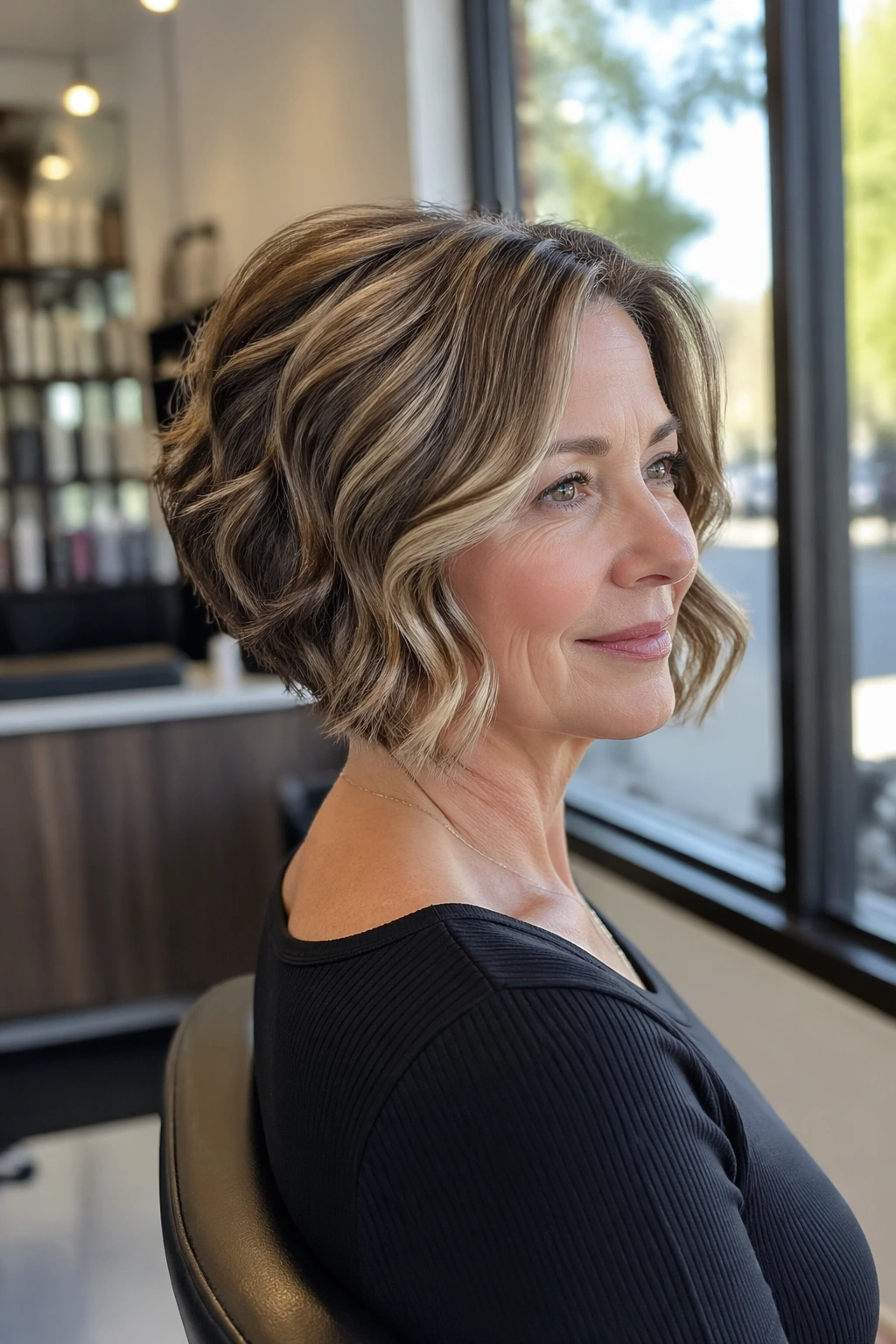 Portrait of a real woman with a stacked bob and loose wavy ends.