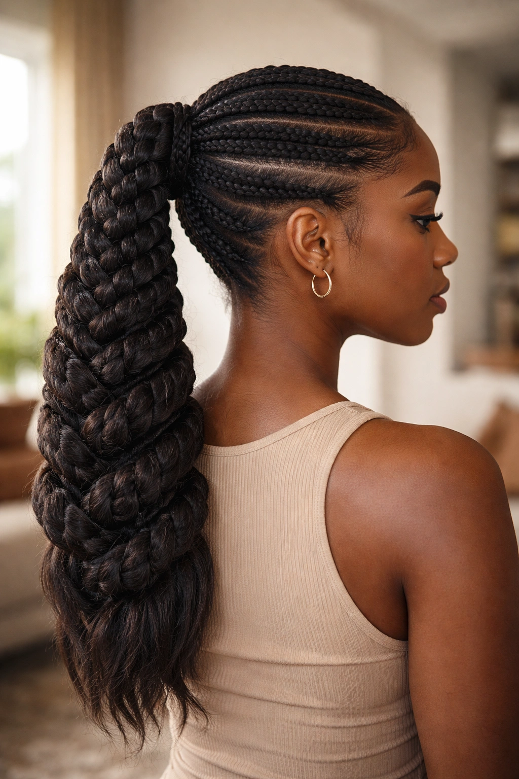 Close-up of a real woman with stacked braided ponytail showing layered braids