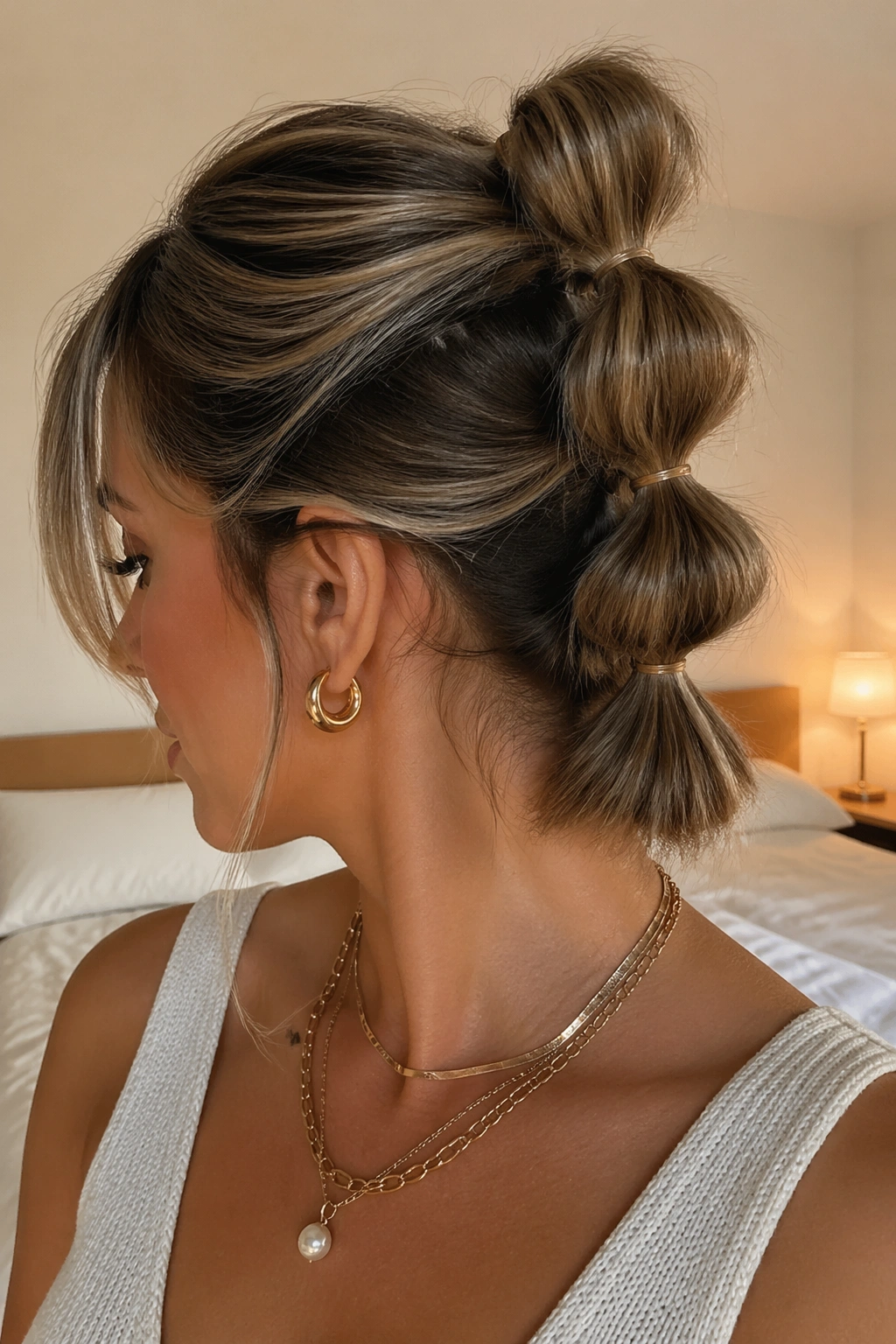 Real person with two stacked bubble ponytails