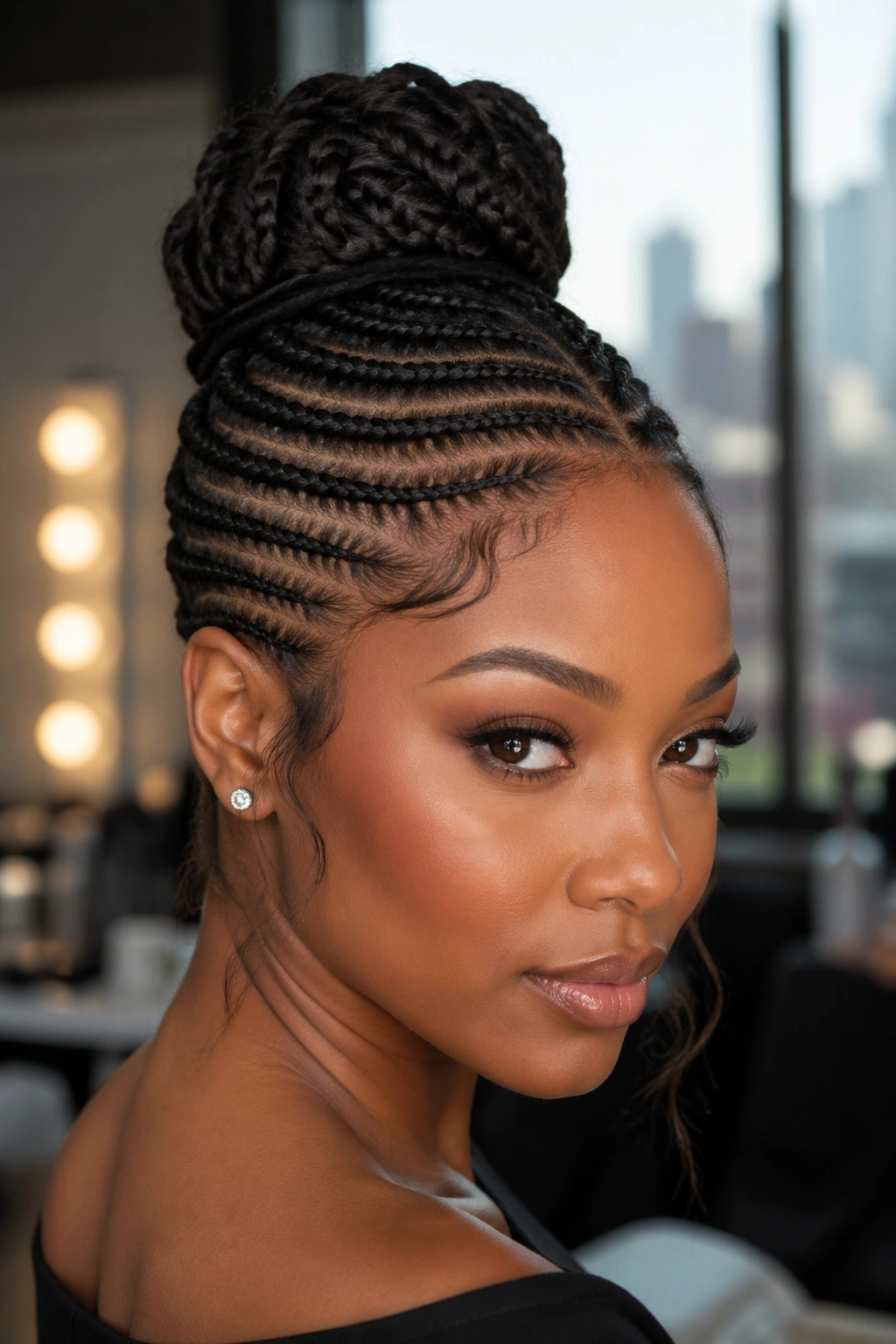 Close-up portrait of a woman showing stacked crown cornrows and a bun at the crown.