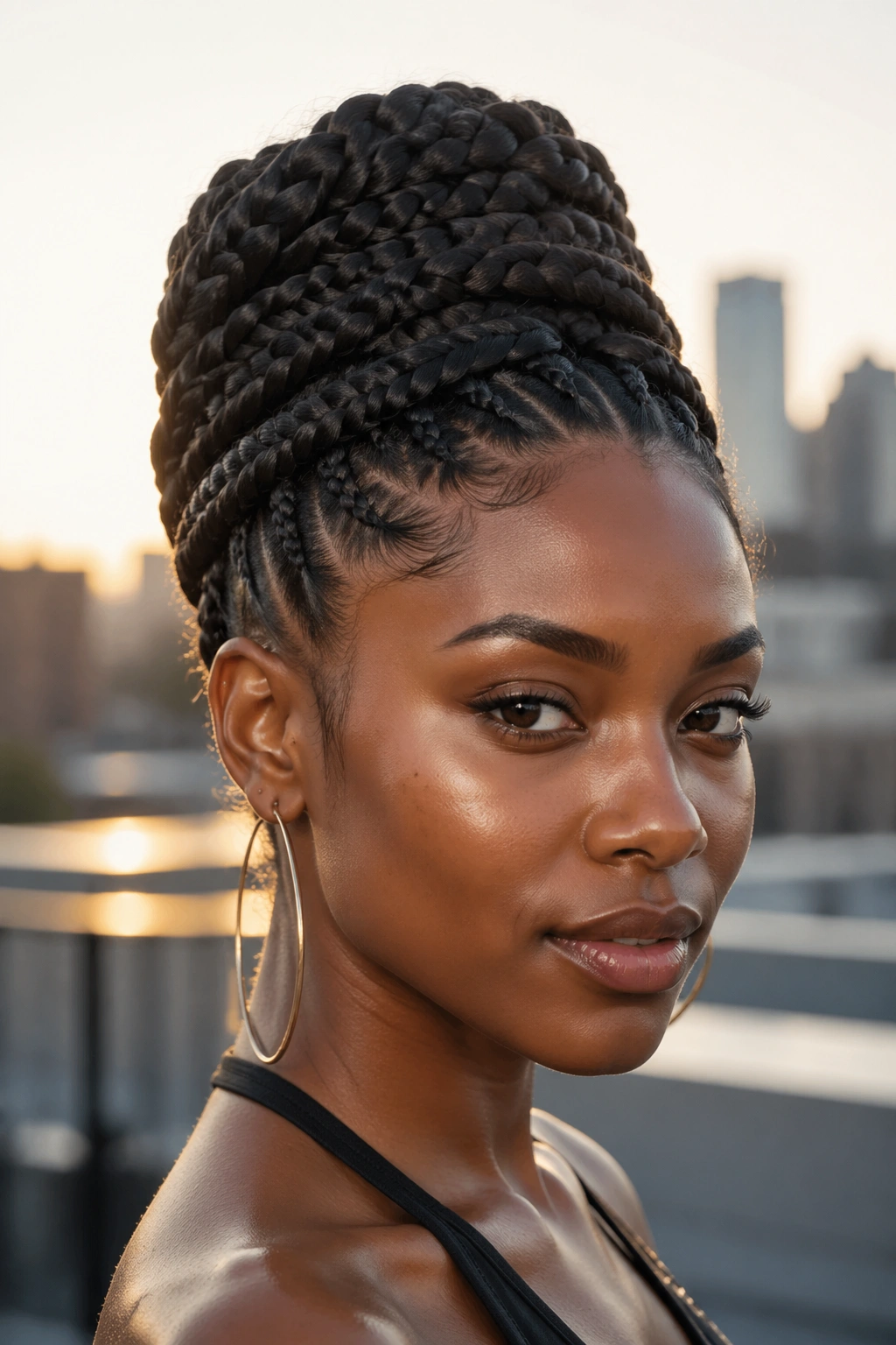 Close-up of a real woman with a stacked crown braid creating height.