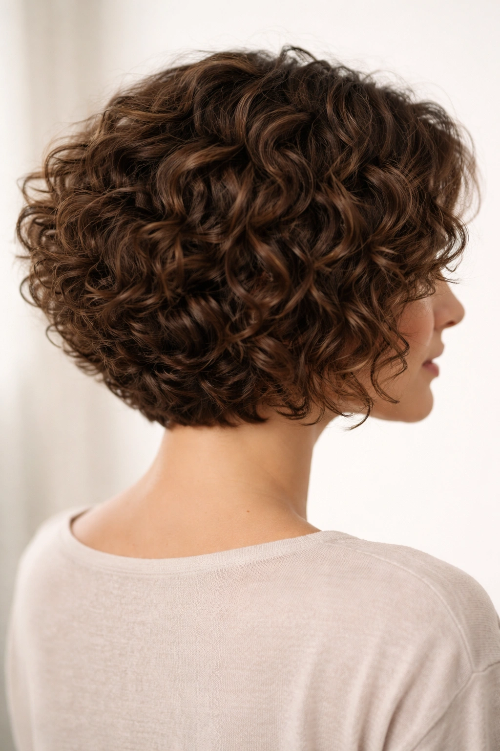 Back and side profile of stacked curly bob with nape lift