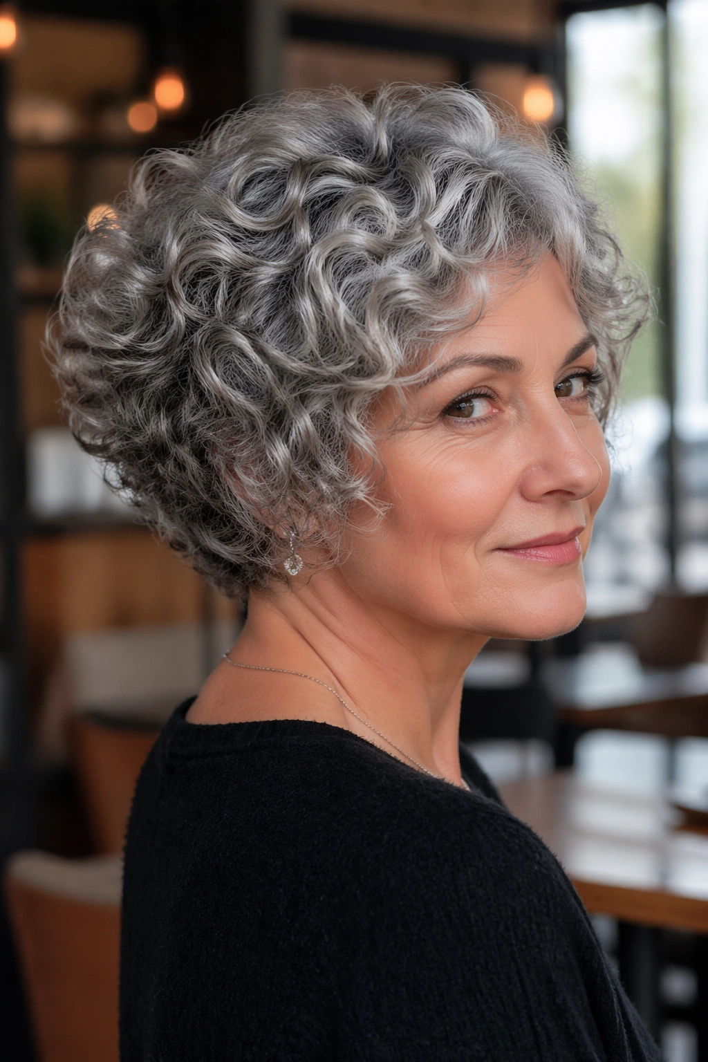Close-up portrait of a woman with a stacked curly bob showing back layers.