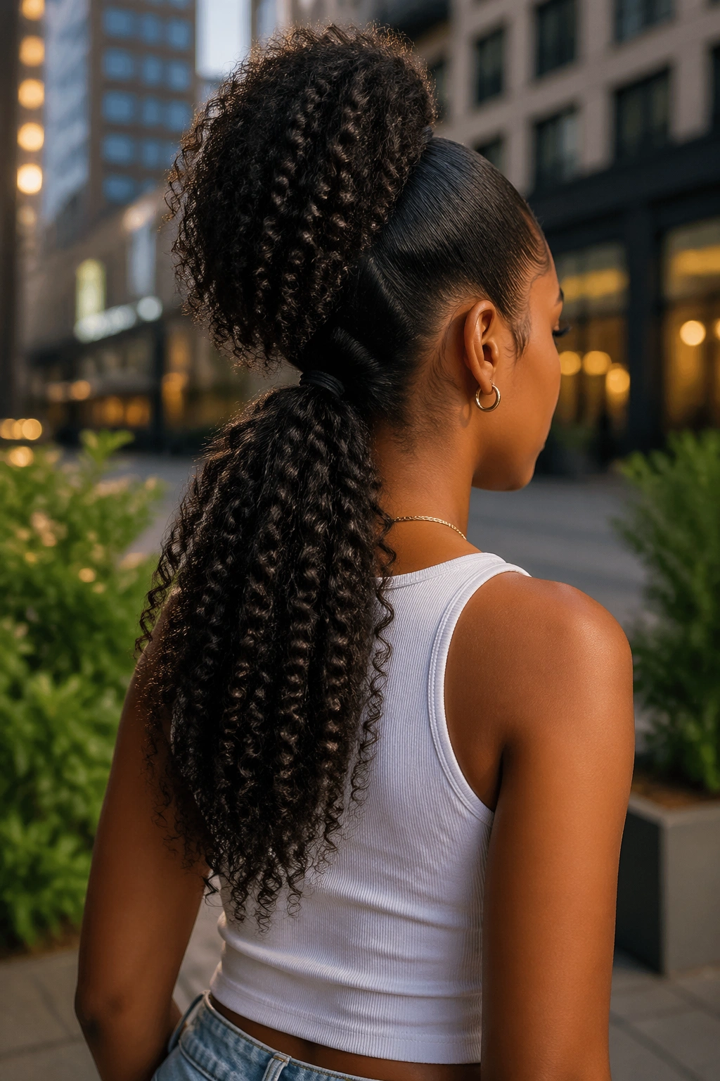 Three-quarter rear view of a real woman with stacked double ponytails outdoors