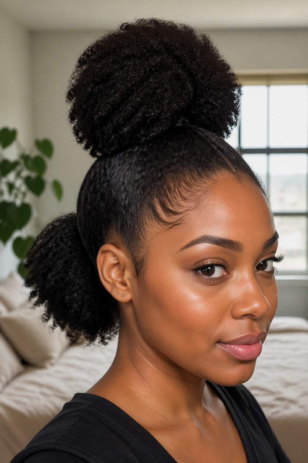 Real woman with two stacked ponytails on kinky hair.