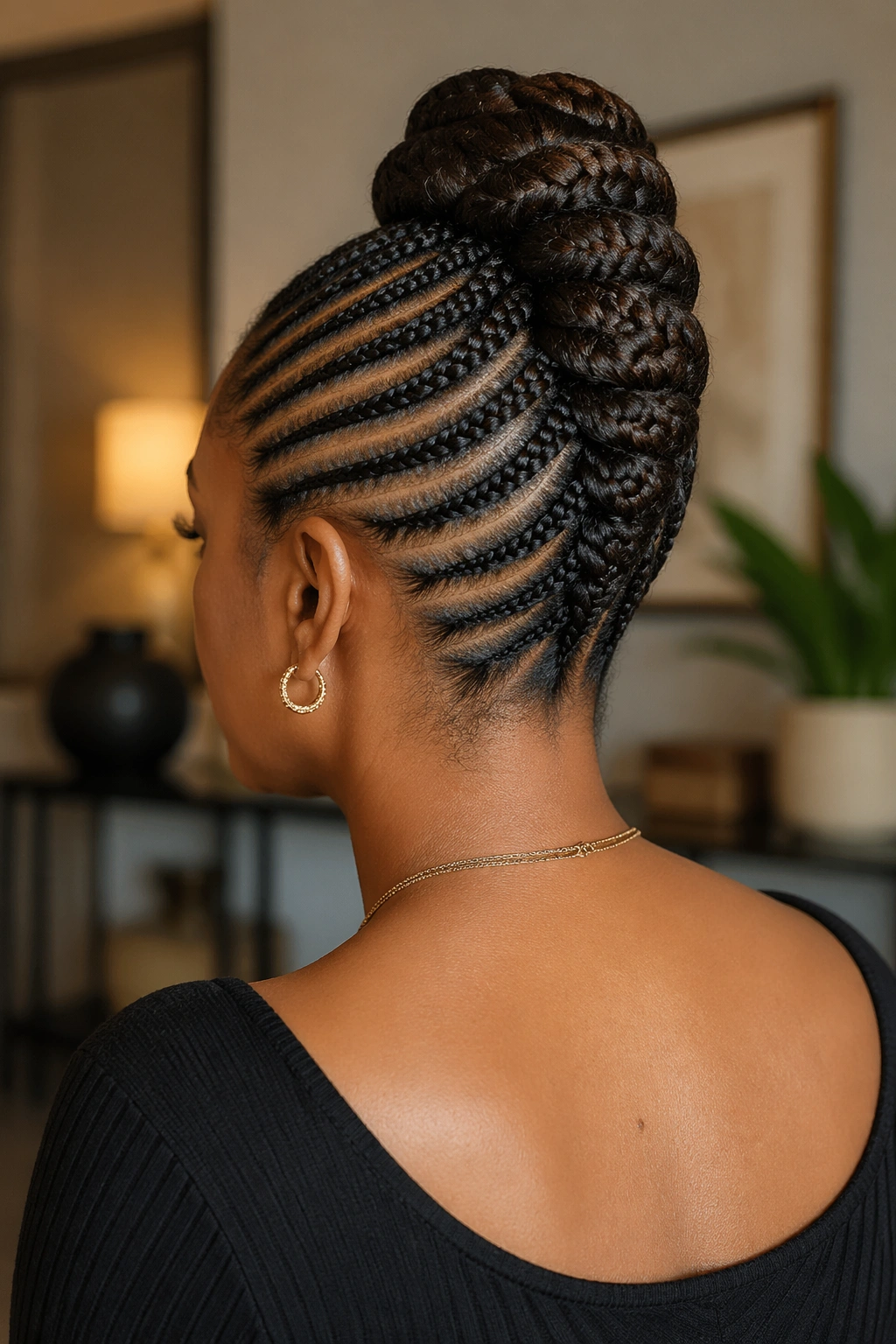 Back-of-head view of a stacked cornrow updo forming a vertical French roll