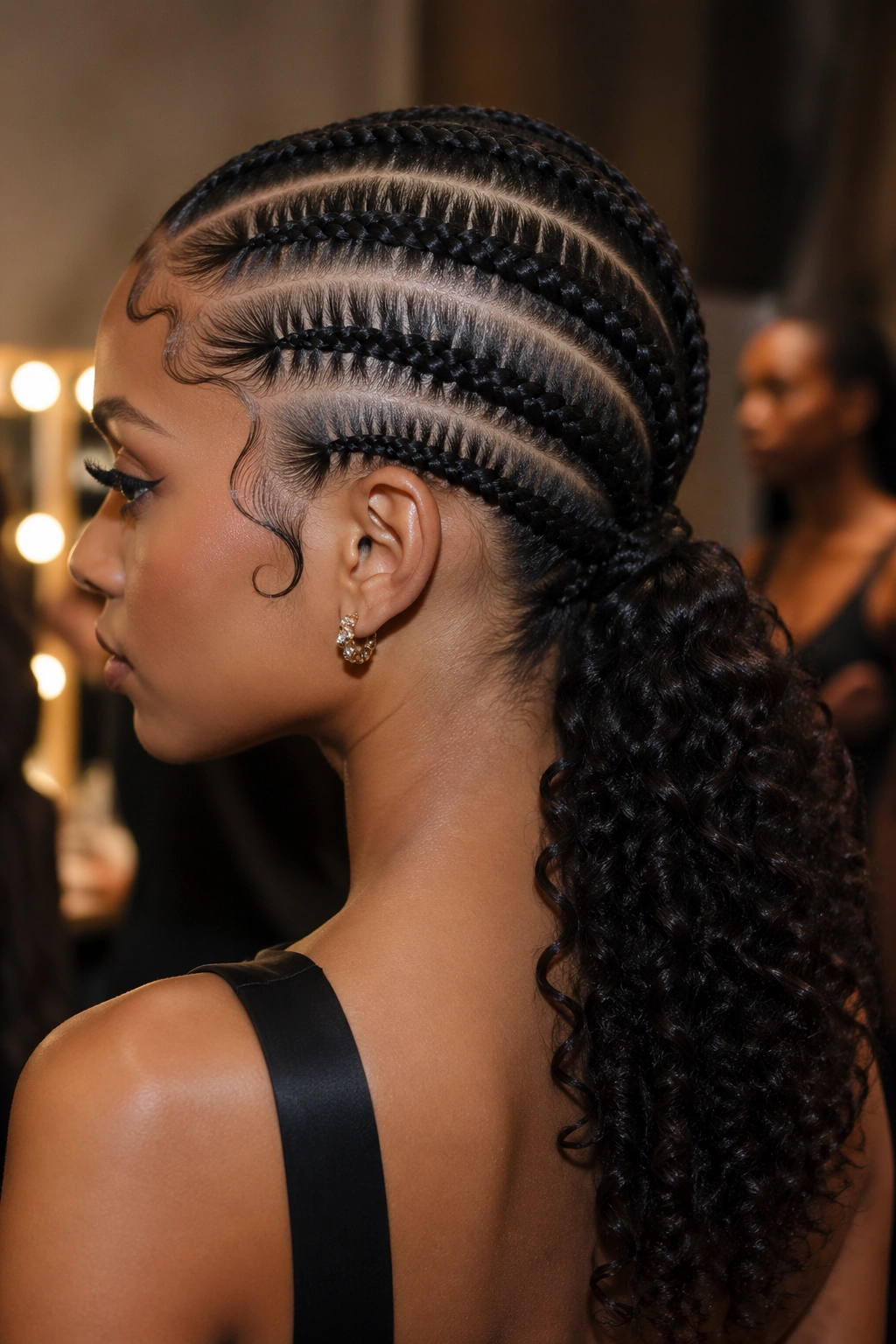 Portrait of stacked goddess cornrows with cascading curls at the nape.