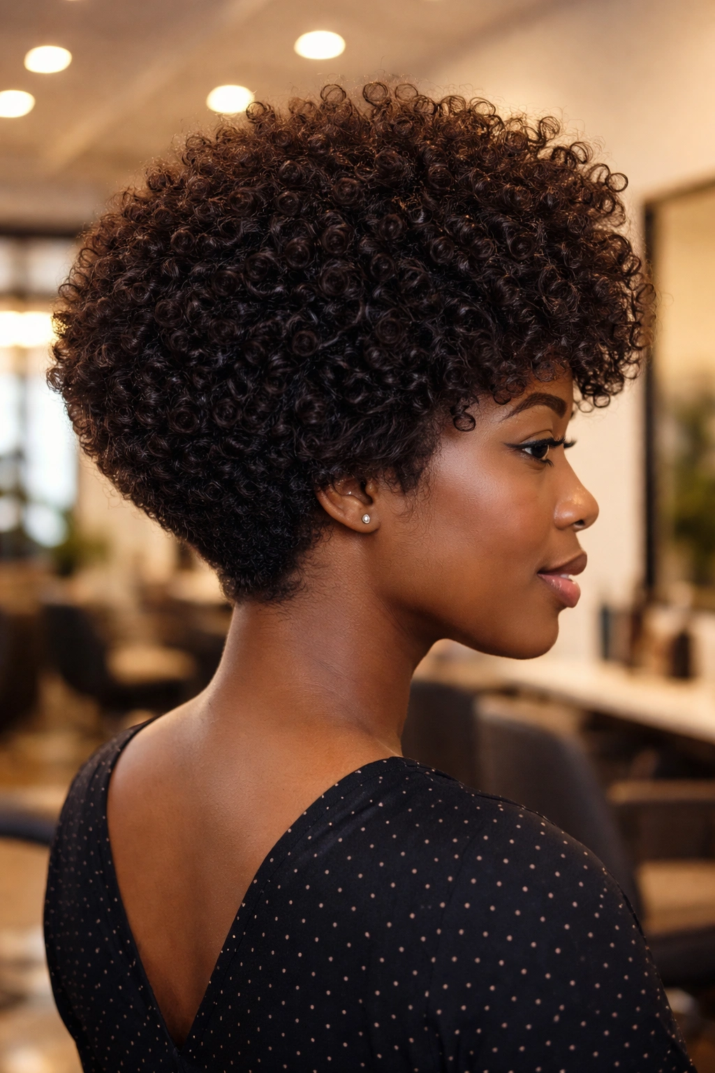 Real person with stacked graduated afro bob in a chic salon