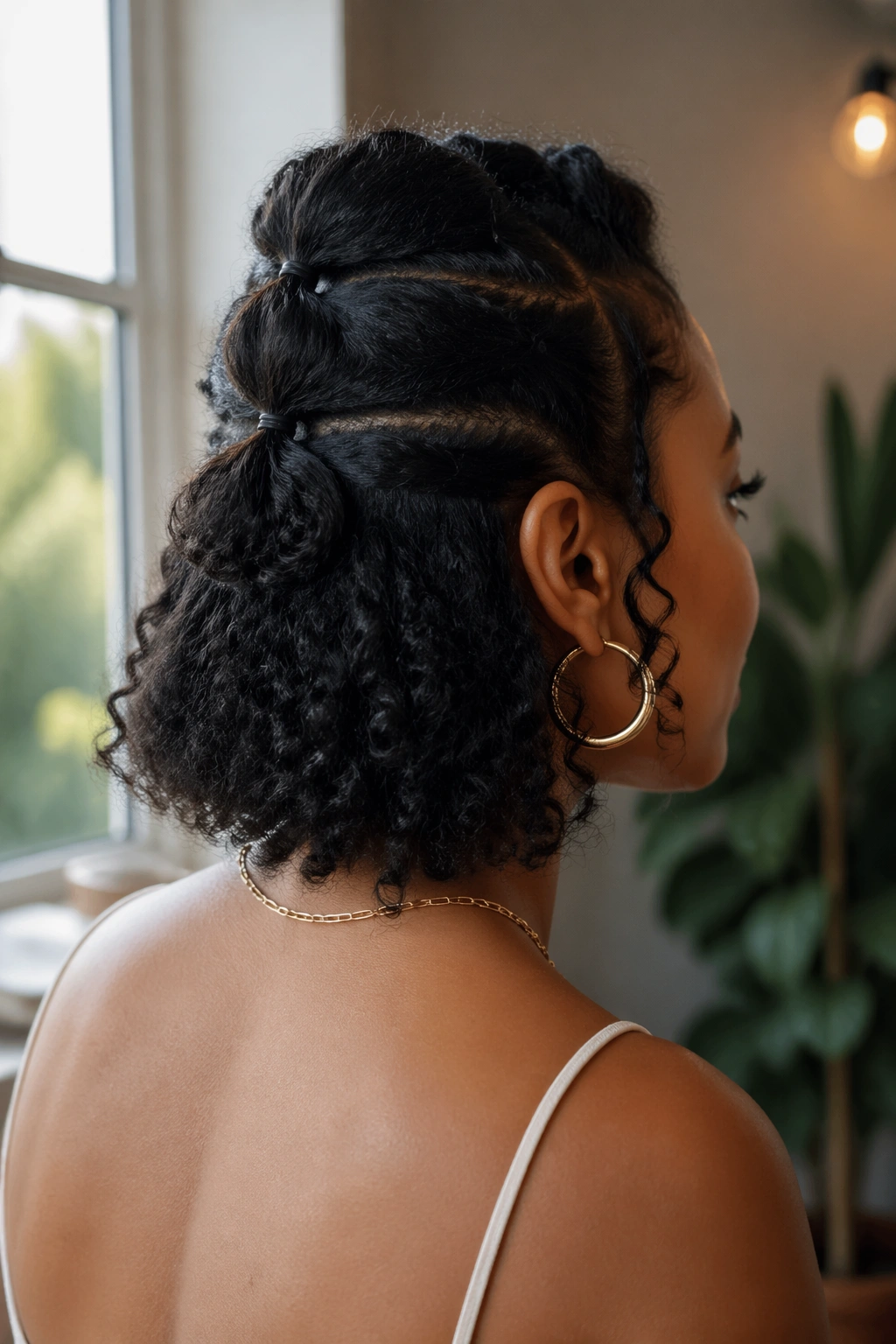 Rear portrait of a real woman with stacked mini ponytails at the back of a bob