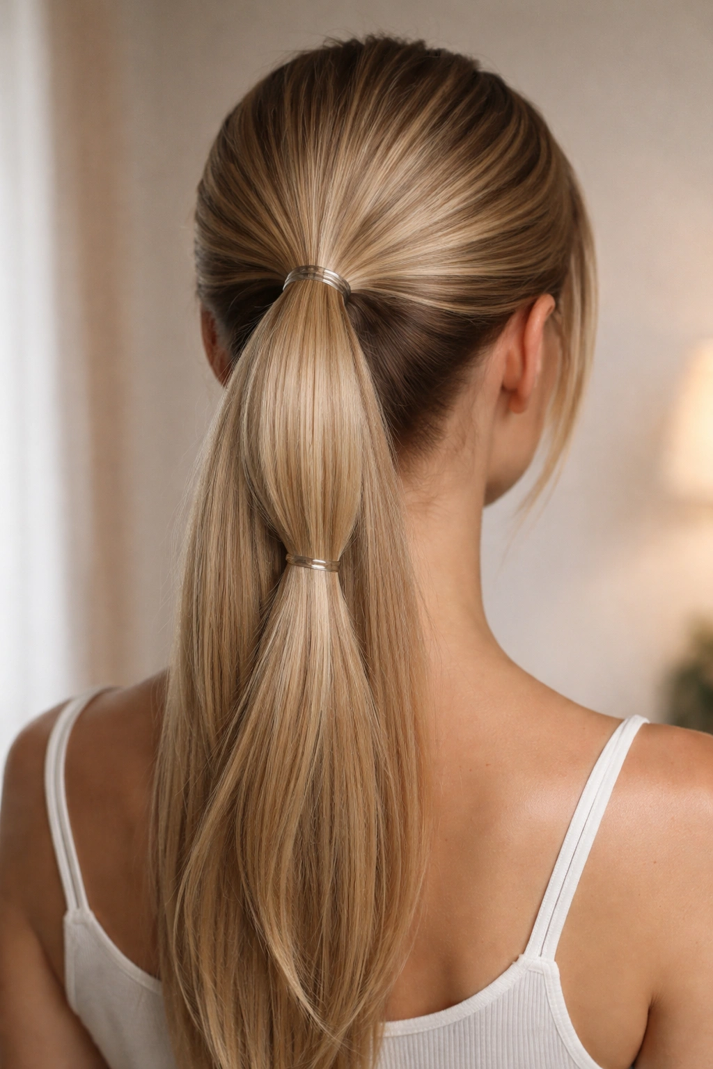 Close-up of a stacked ponytail formed by two elastics for added fullness