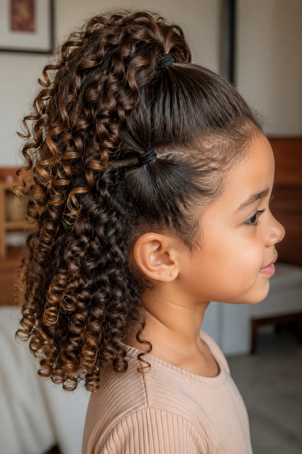 Portrait of a real child with stacked ponytails in curly hair, warm indoor light