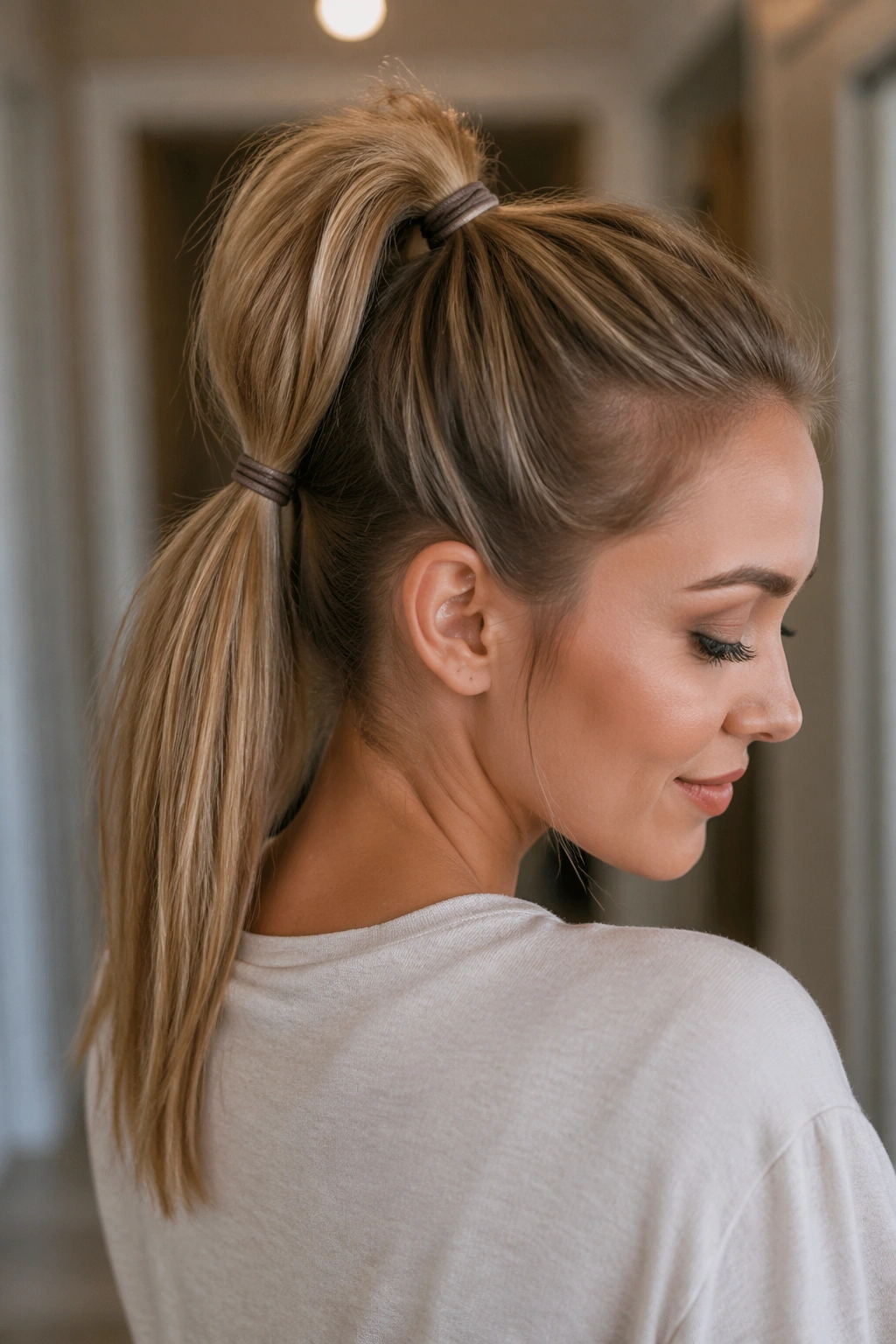 Close-up of a real woman with Stacked Double Ponytail for fuller straight hair