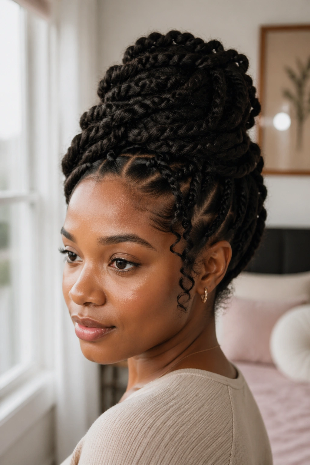 Close-up of a real woman with stacked two-strand twists in a crown