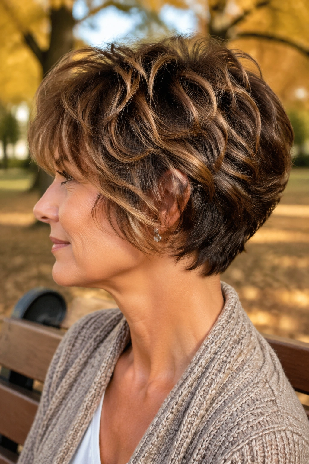 Real woman with a stacked wedge bob and crown lift in warm park light.