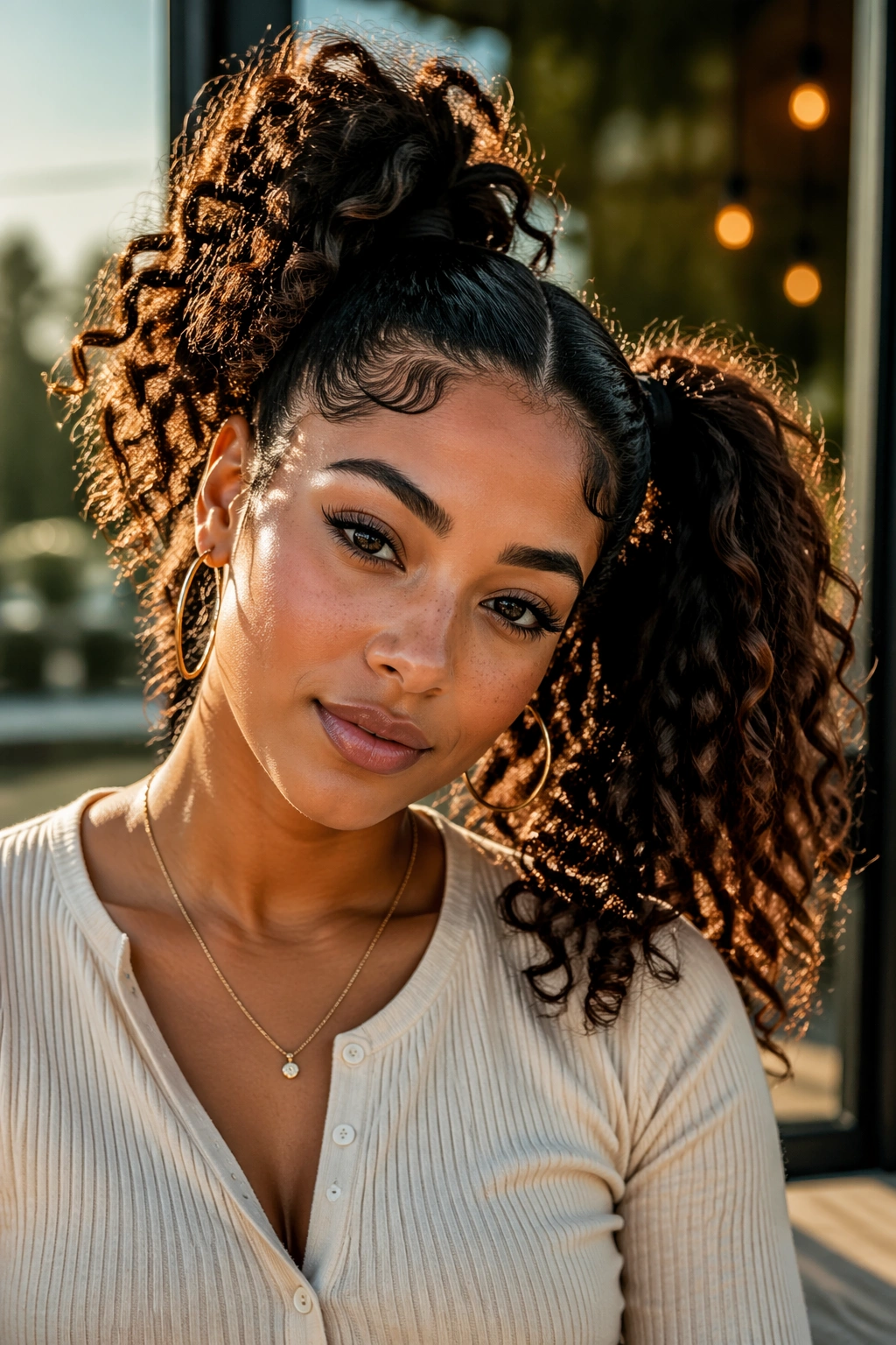 Real person with staggered high-low double ponytails outdoors