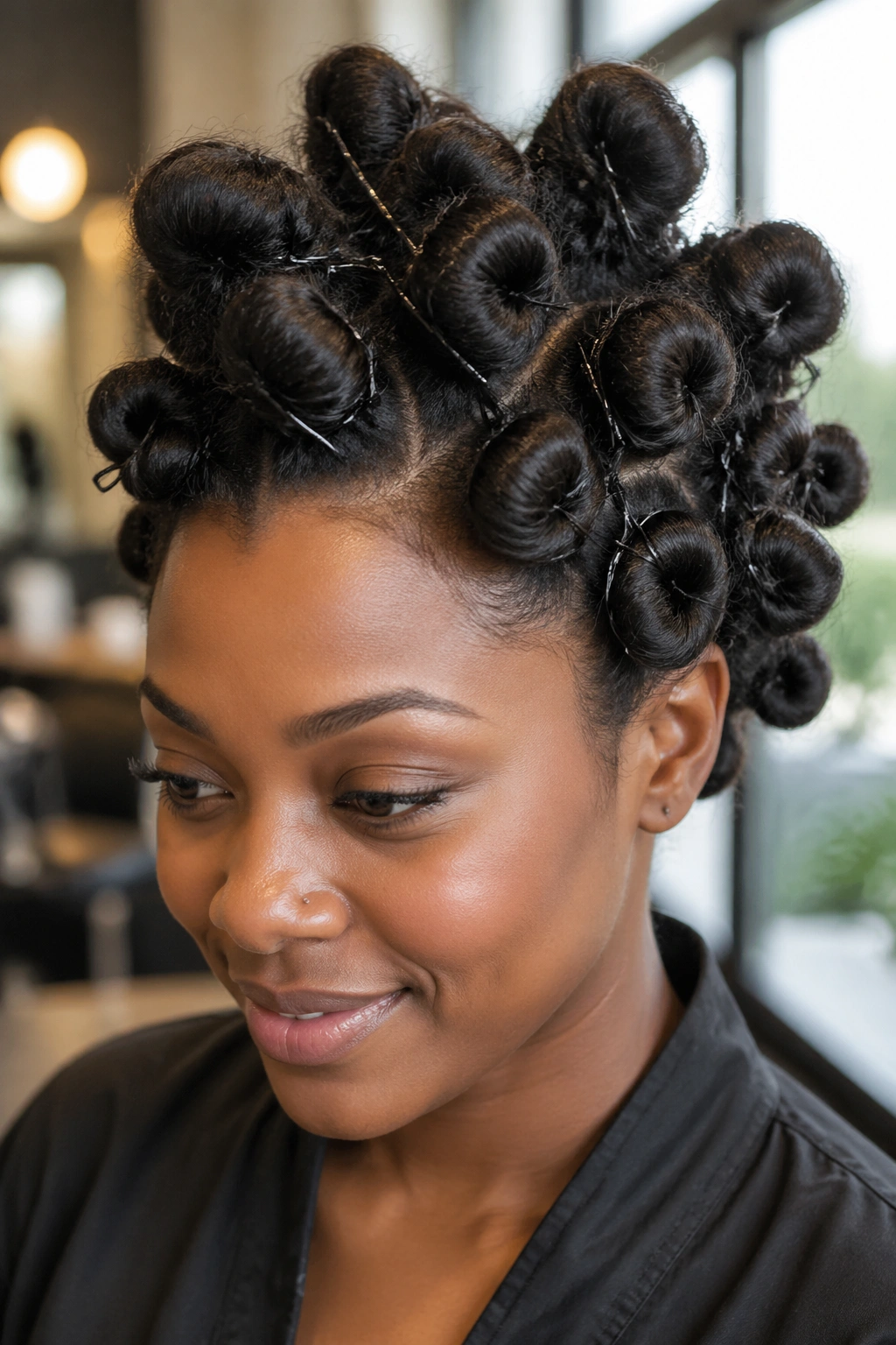 Close-up of a real woman with stand-up pin curls for volume on natural hair.
