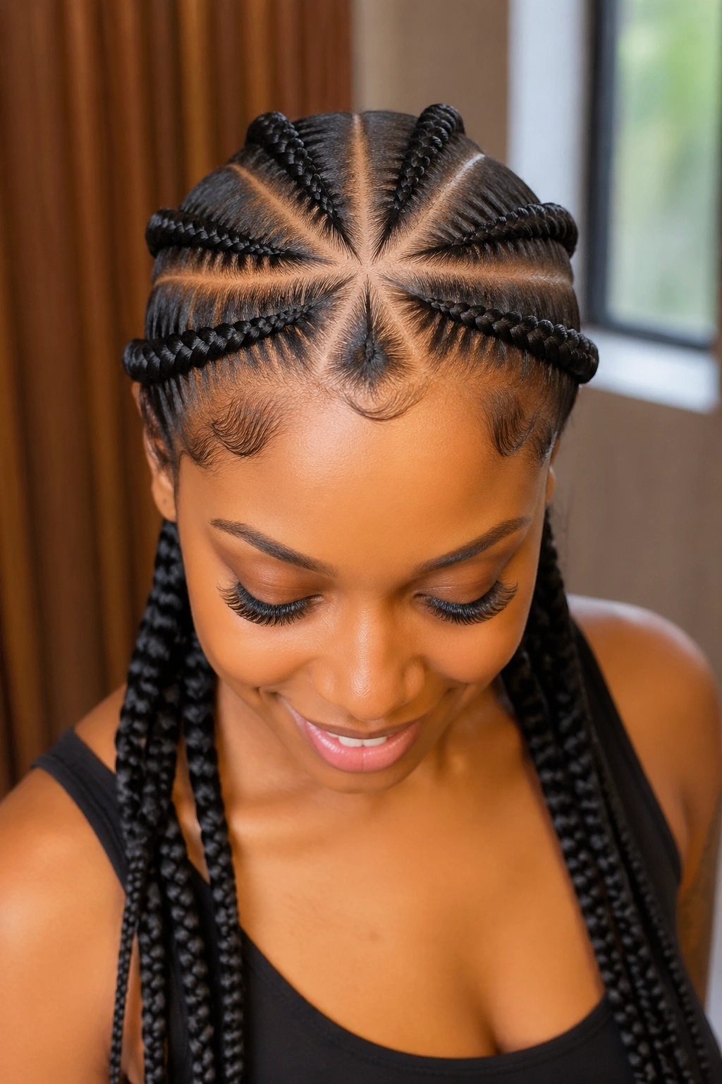 Close-up of a real woman with a geometric star center criss cross cornrows